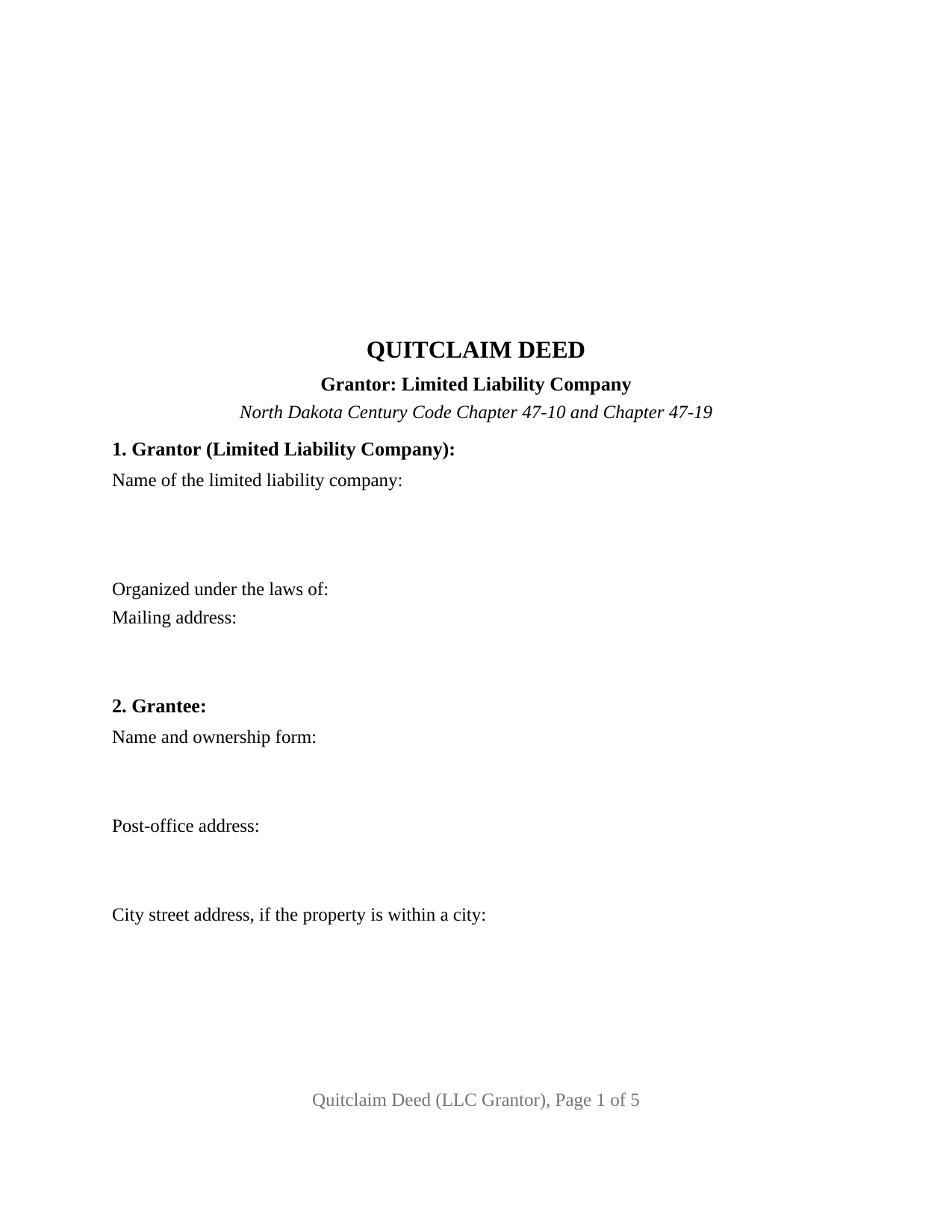 North Dakota Quitclaim Deed (LLC Grantor)