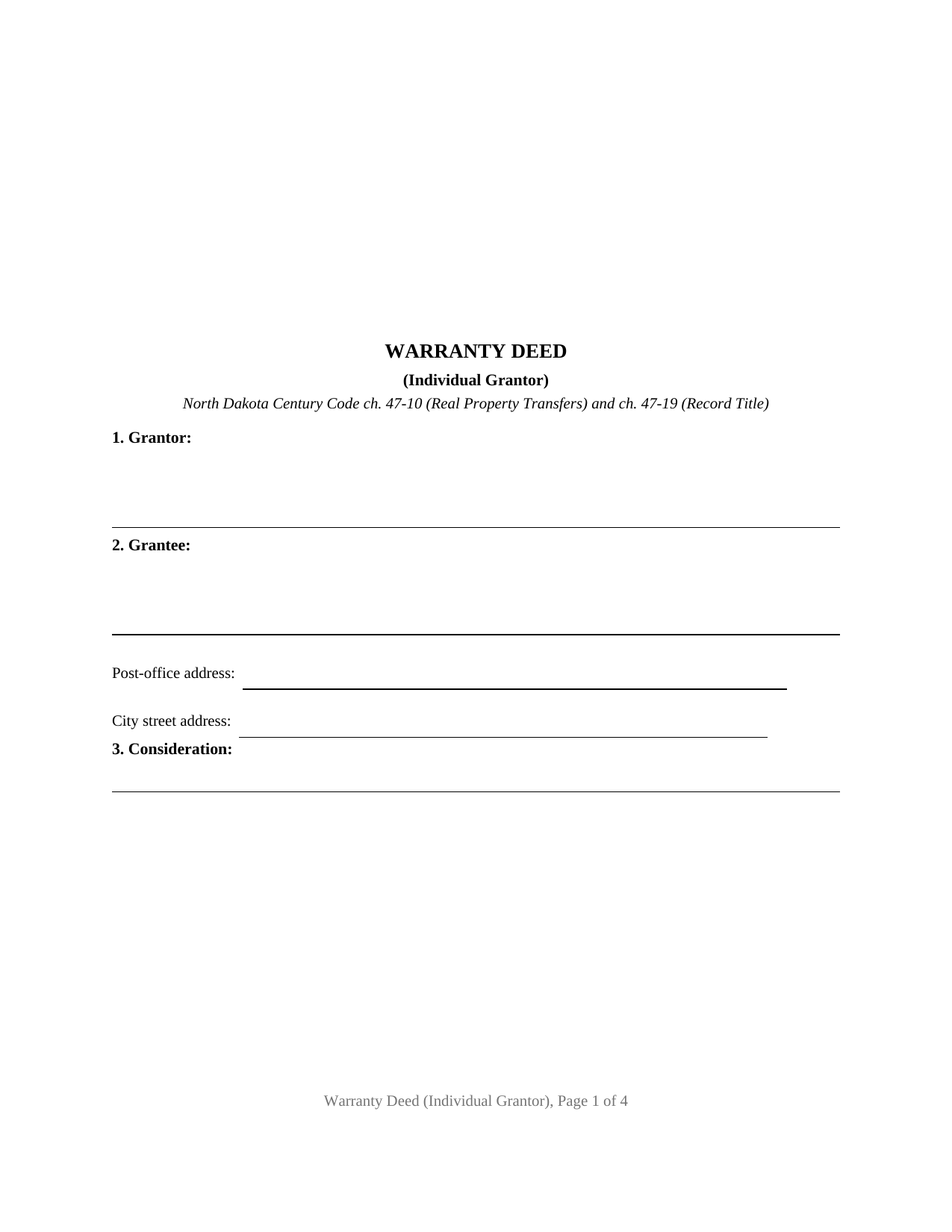 North Dakota Warranty Deed (Individual Grantor)