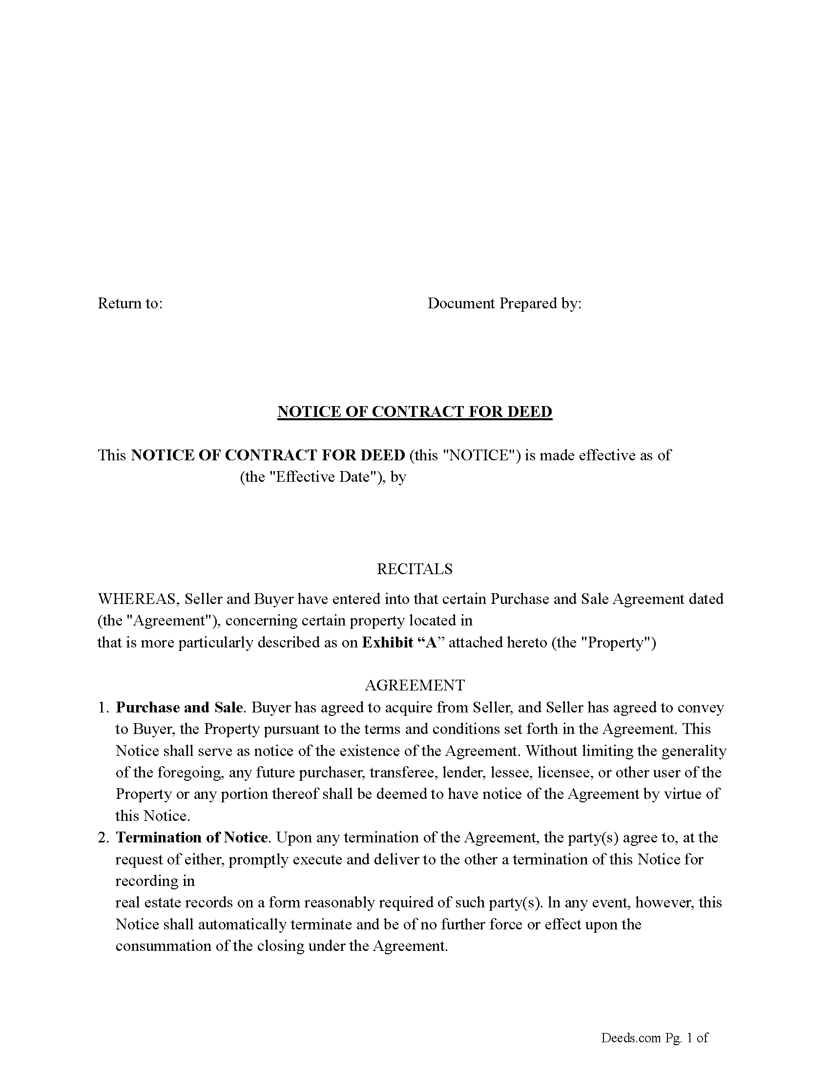 Ward County Notice of Contract for Deed Form