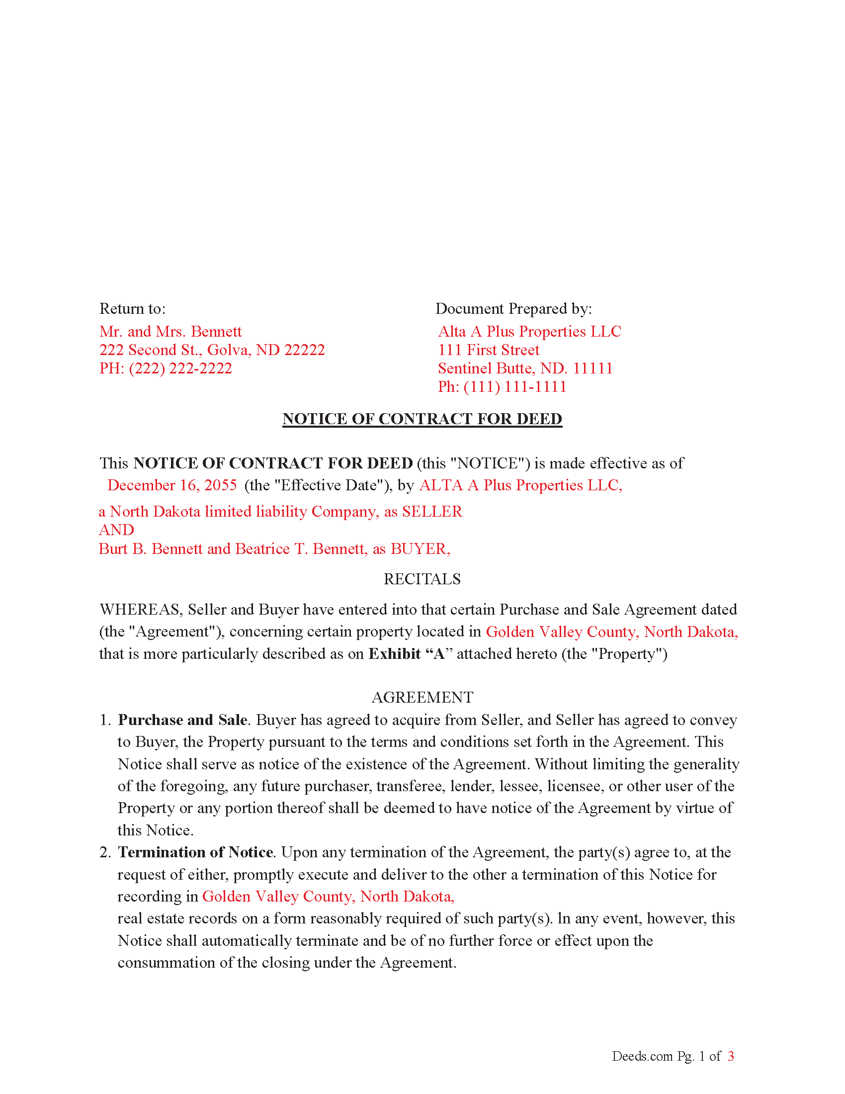Ward County Completed Example of the Notice of Contract for Deed Document
