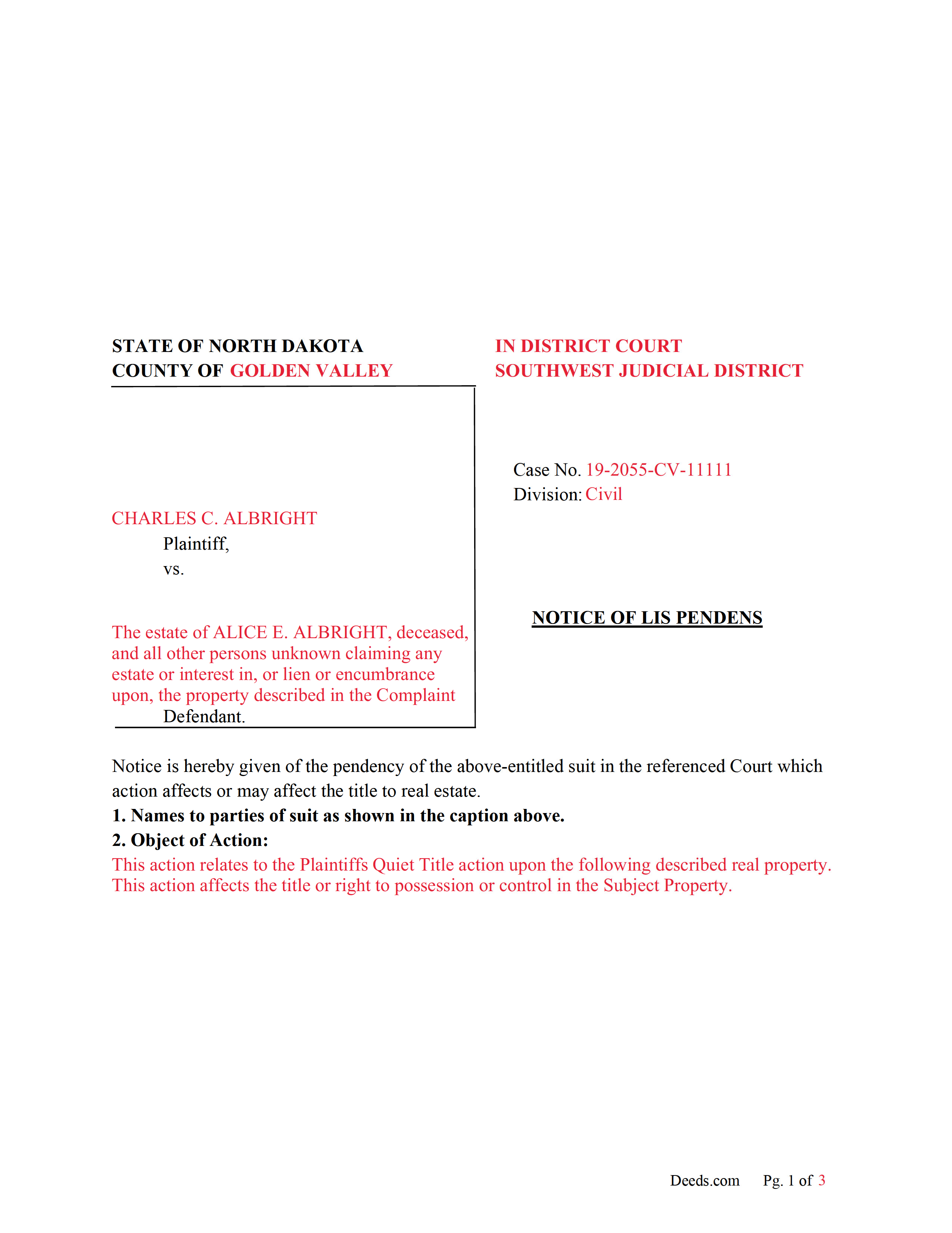 Mchenry County Completed Example of a Notice of Lis Pendens Document