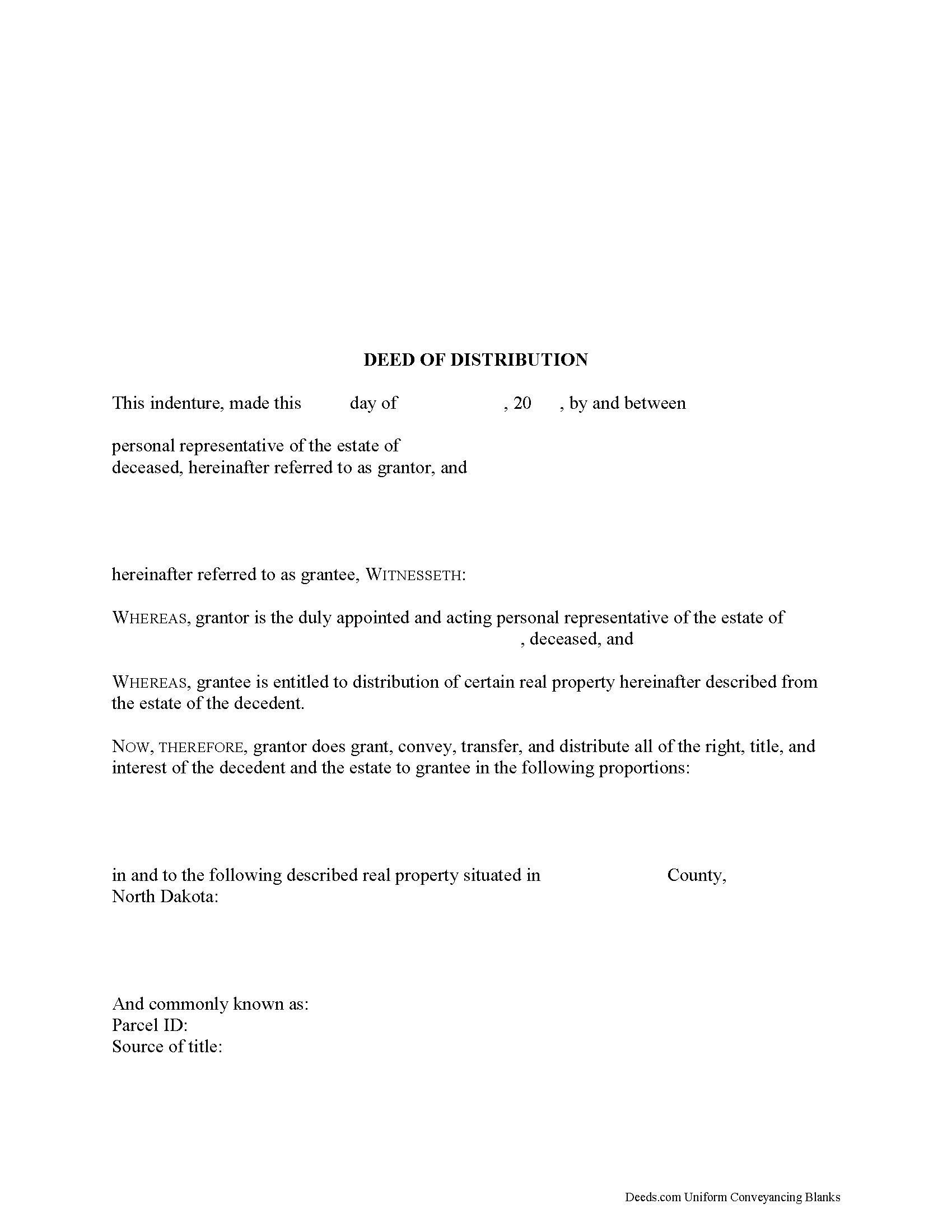Kidder County Personal Representative Deed of Distribution Form