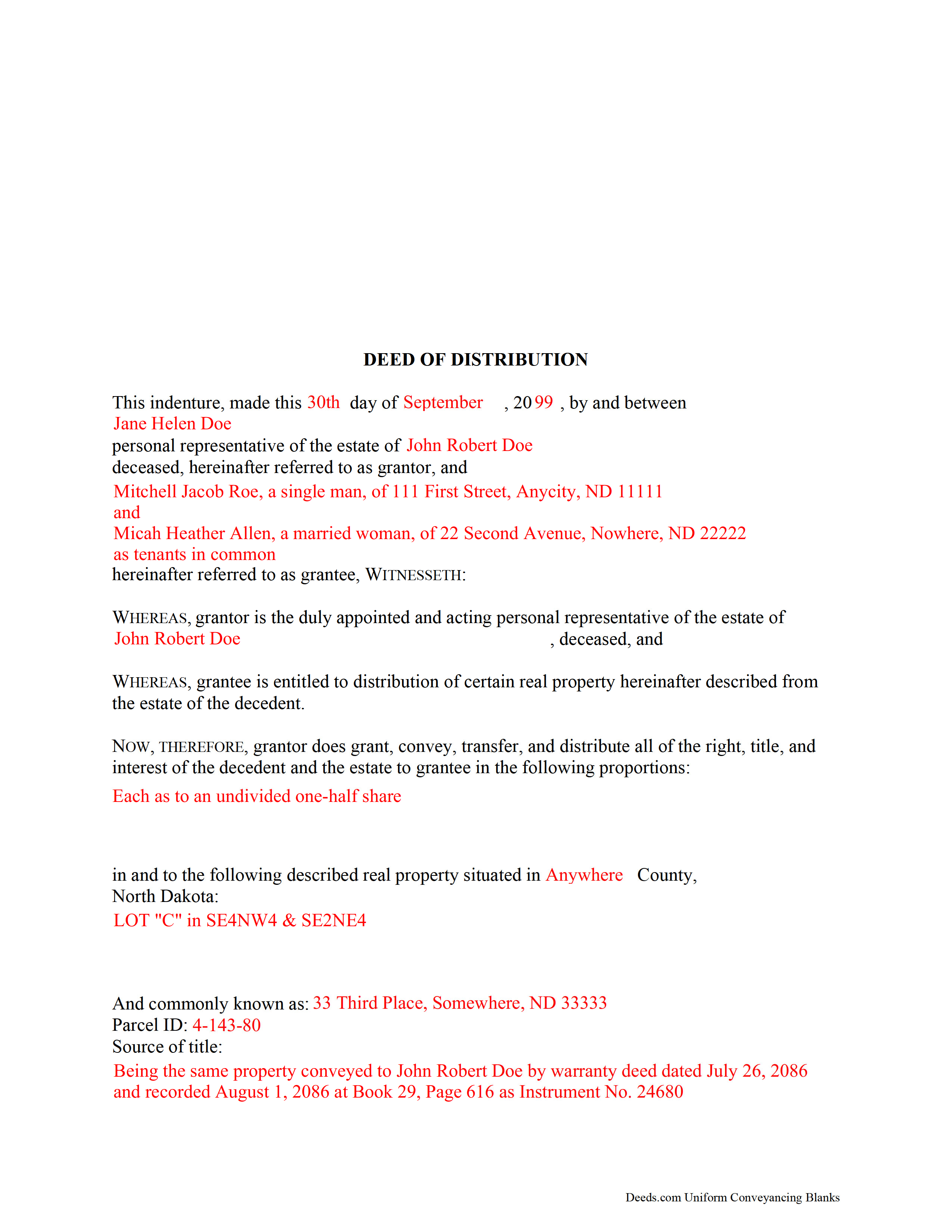 Kidder County Completed Example of the Personal Representative Deed of Distribution Document