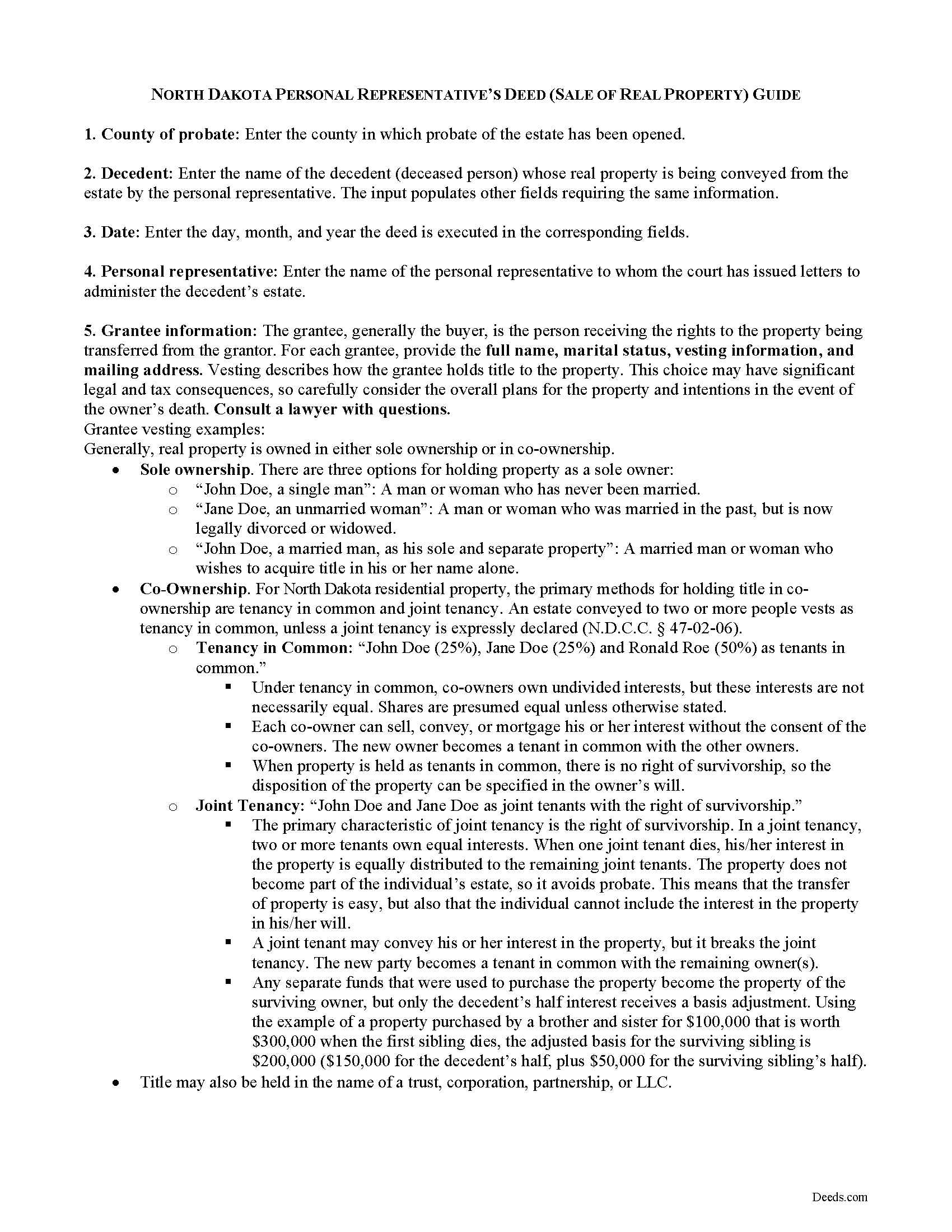 Divide County Personal Representative Deed of Sale Guide