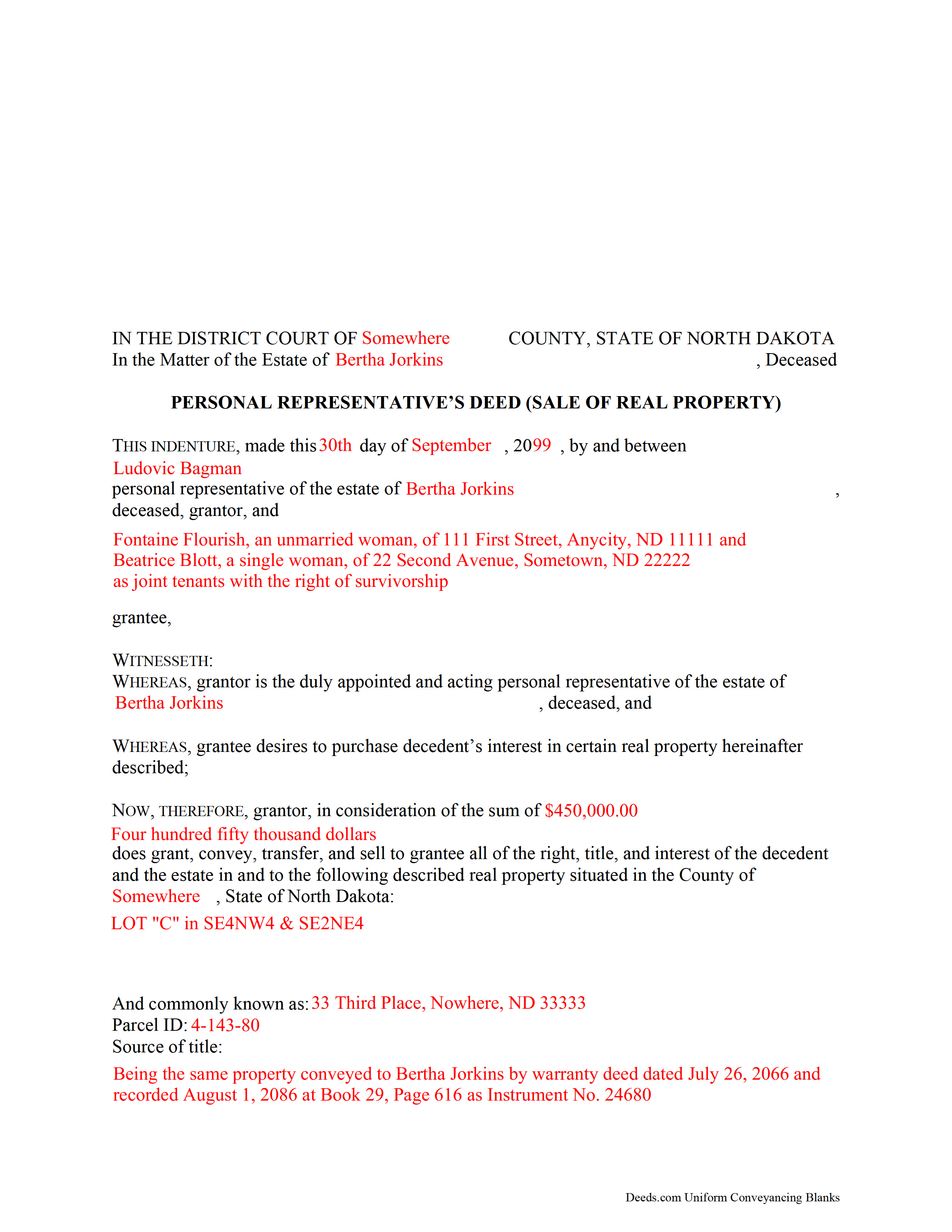 Divide County Completed Example of the Personal Representative Deed of Sale Document
