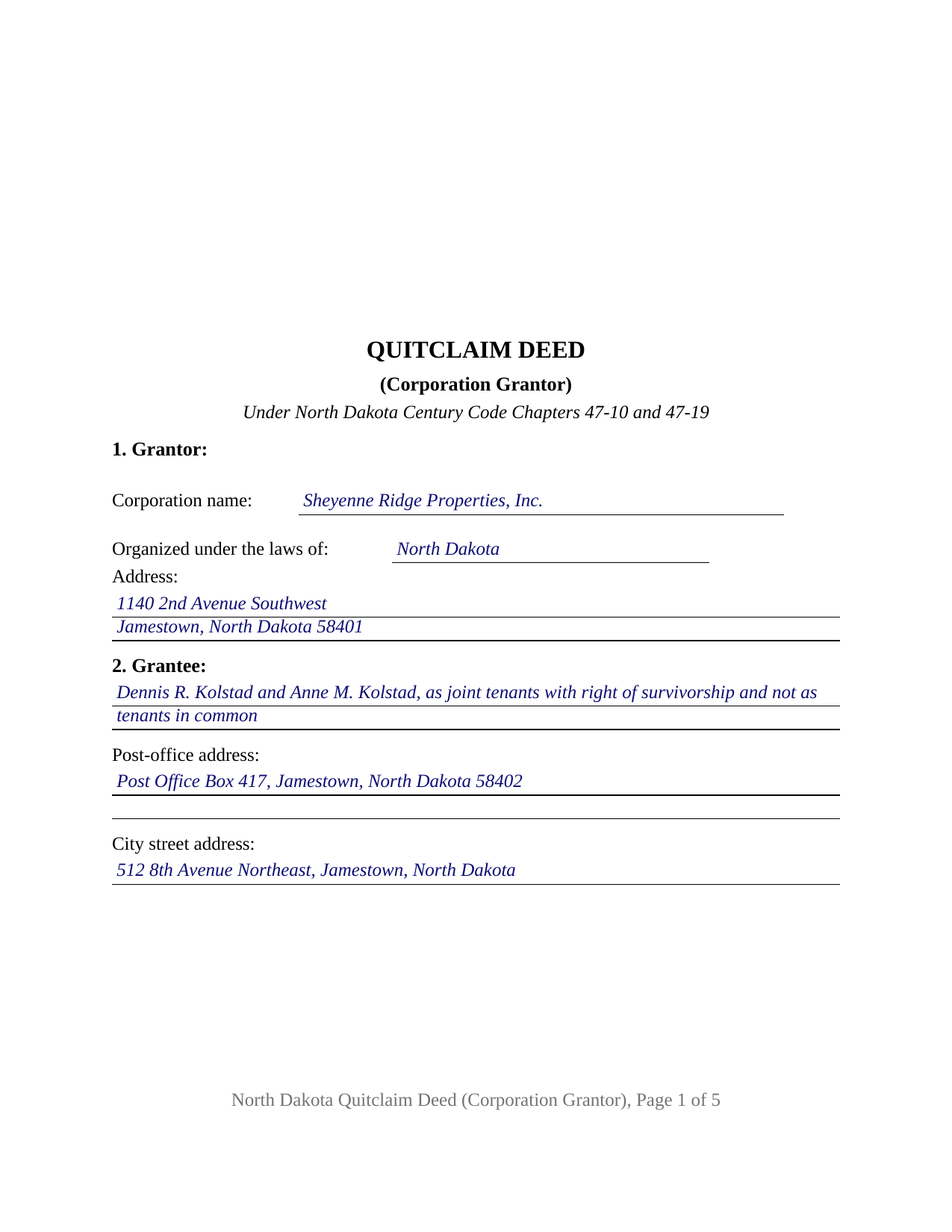 Slope County Completed Example of the Quitclaim Deed (Corporation Grantor) Document