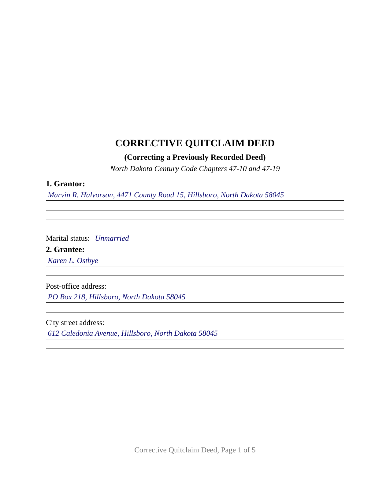 Pembina County Completed Example of the Quitclaim Deed (Corrective) Document