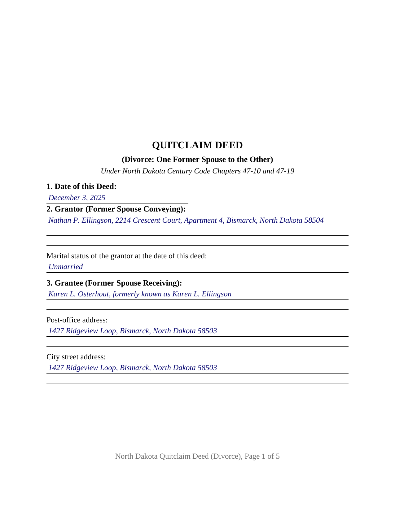 Lamoure County Completed Example of the Quitclaim Deed (Divorce) Document
