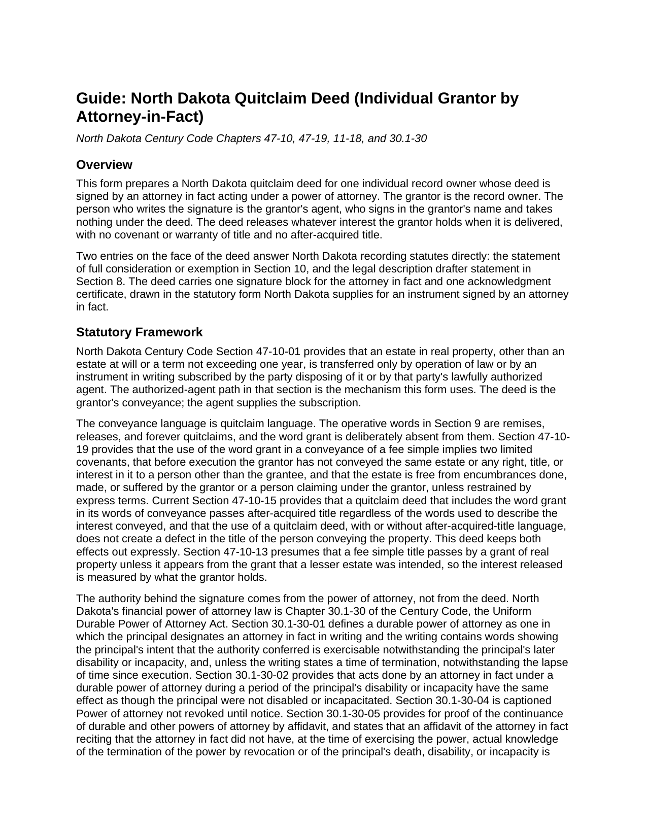 Towner County Quitclaim Deed (Individual Grantor by Attorney-in-Fact) Guide