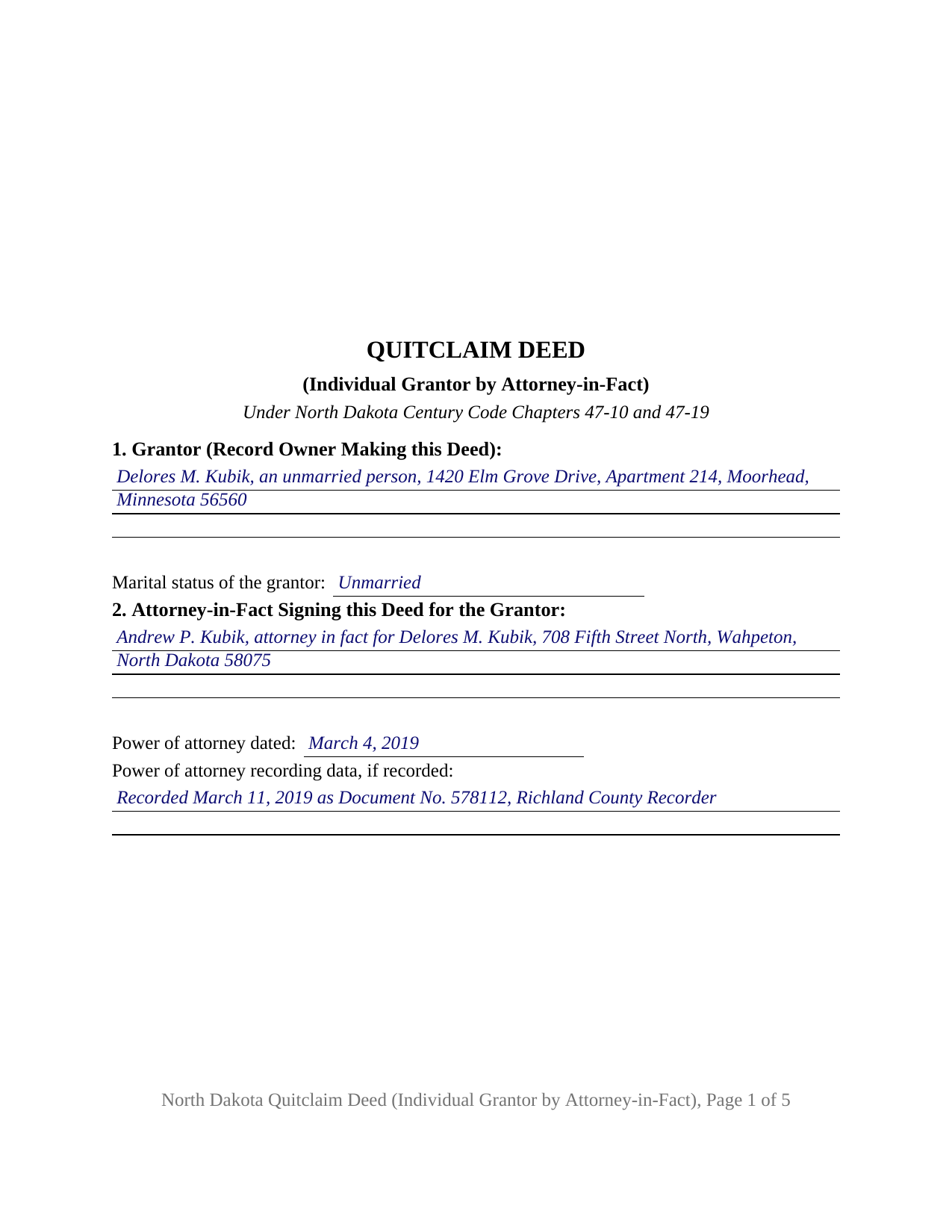 Towner County Completed Example of the Quitclaim Deed (Individual Grantor by Attorney-in-Fact) Document