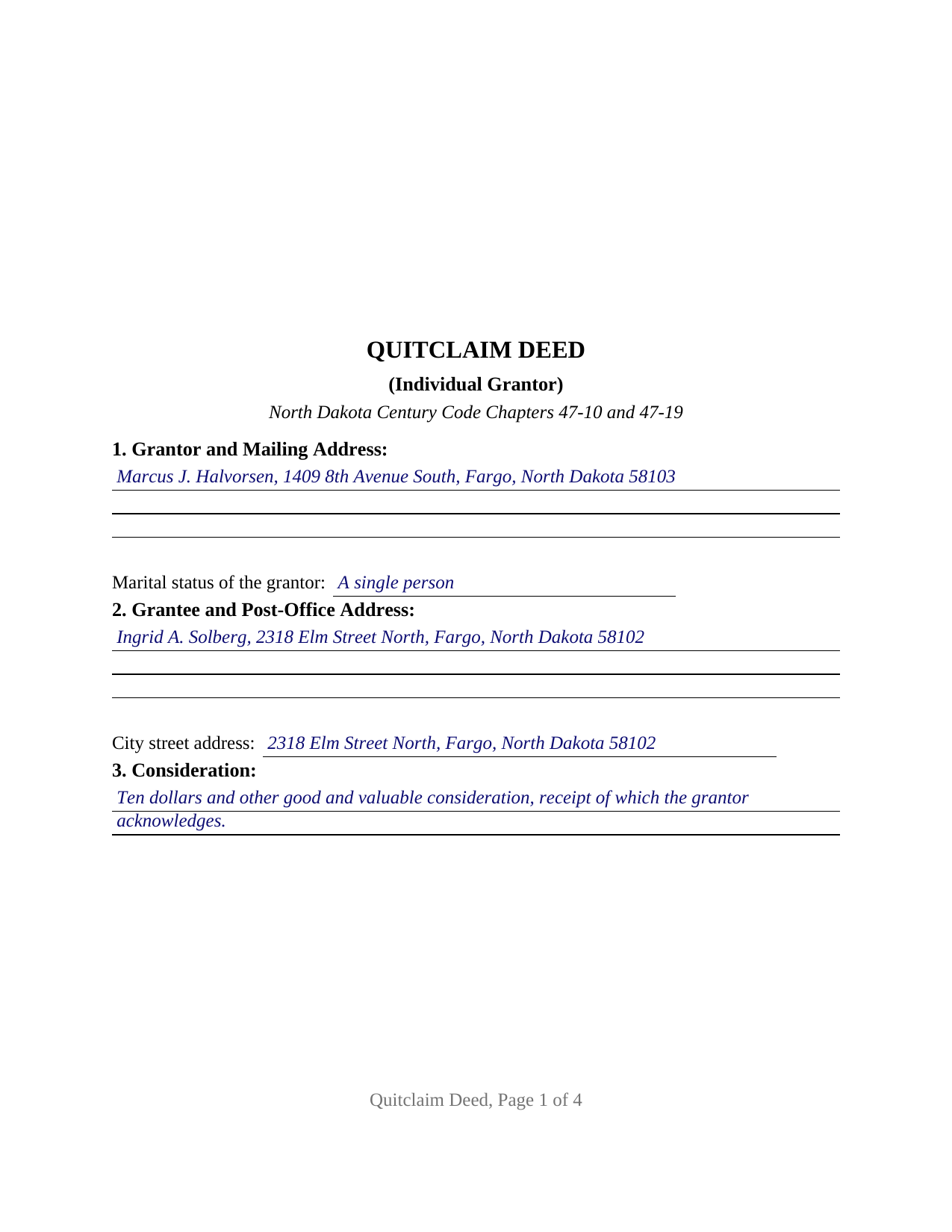 Cass County Completed Example of the Quitclaim Deed (Individual Grantor) Document