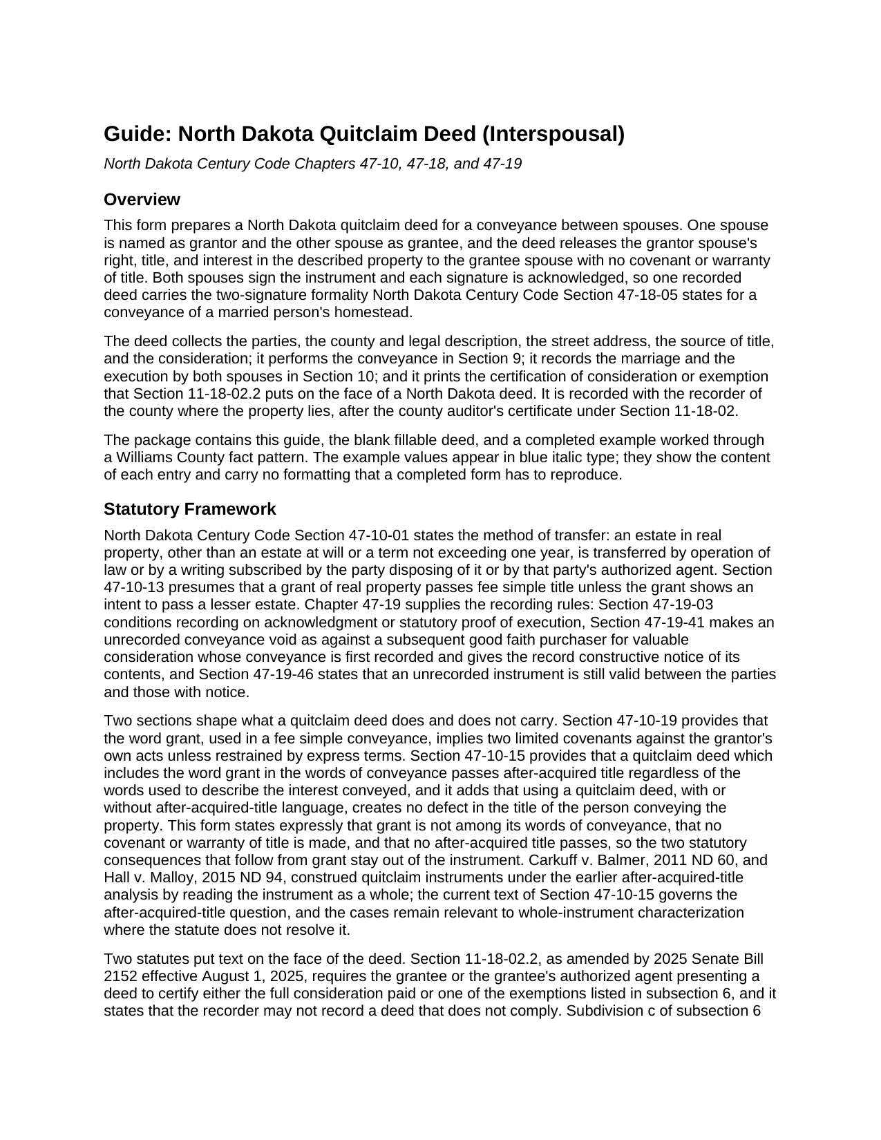 Divide County Quitclaim Deed (Interspousal) Guide