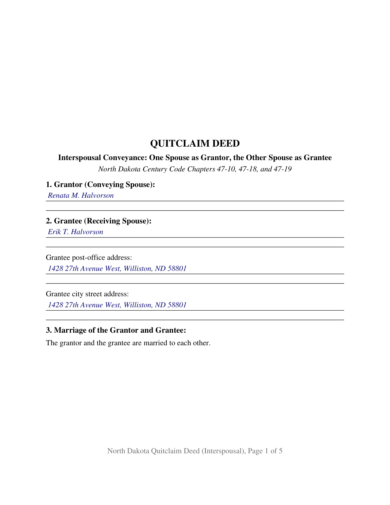Divide County Completed Example of the Quitclaim Deed (Interspousal) Document
