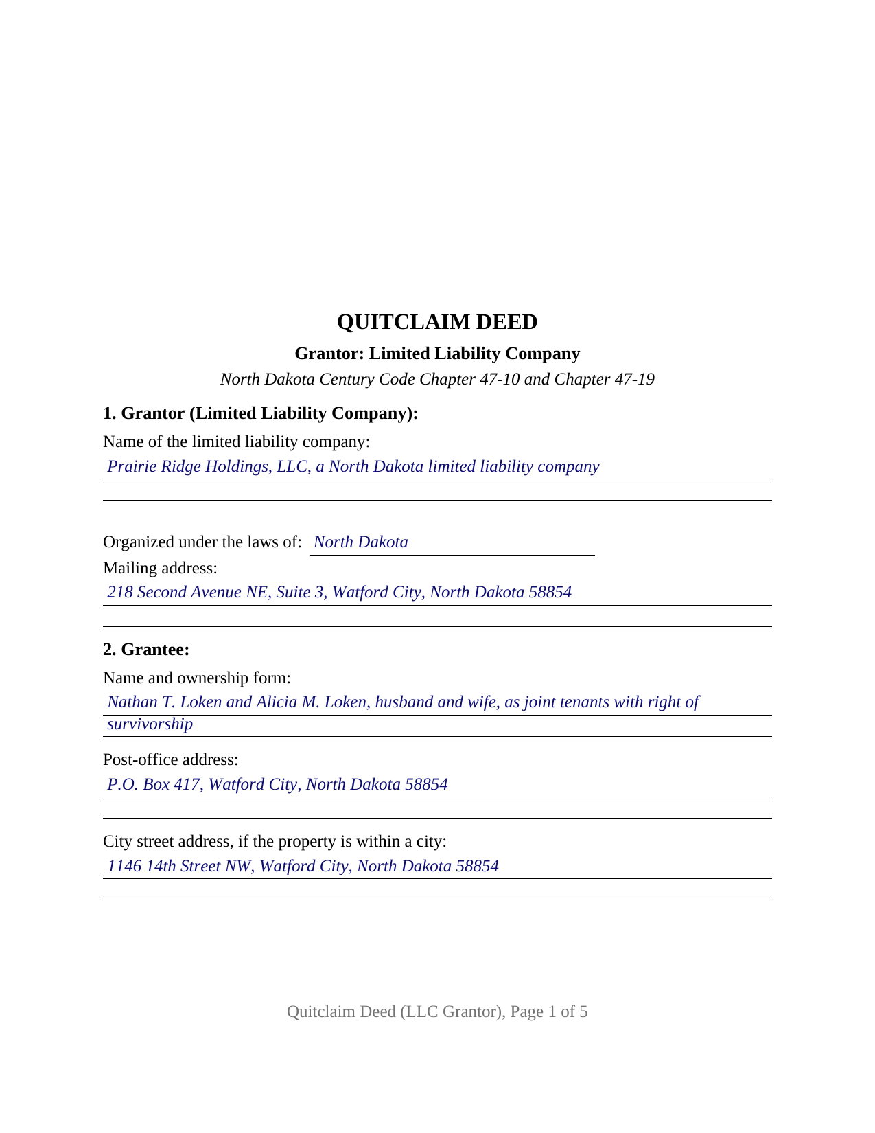 Walsh County Completed Example of the Quitclaim Deed (LLC Grantor) Document