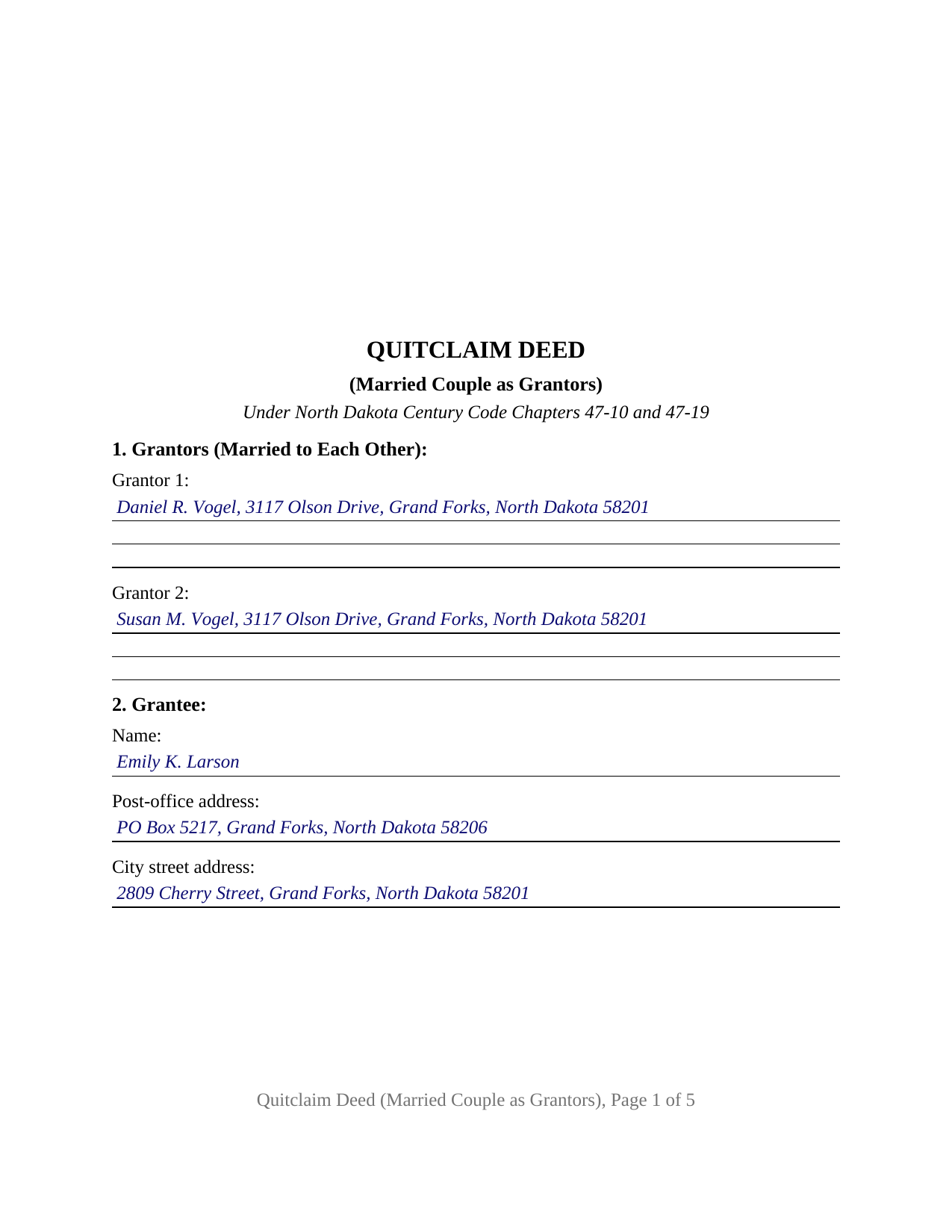 Divide County Completed Example of the Quitclaim Deed (Married Couple as Grantors) Document