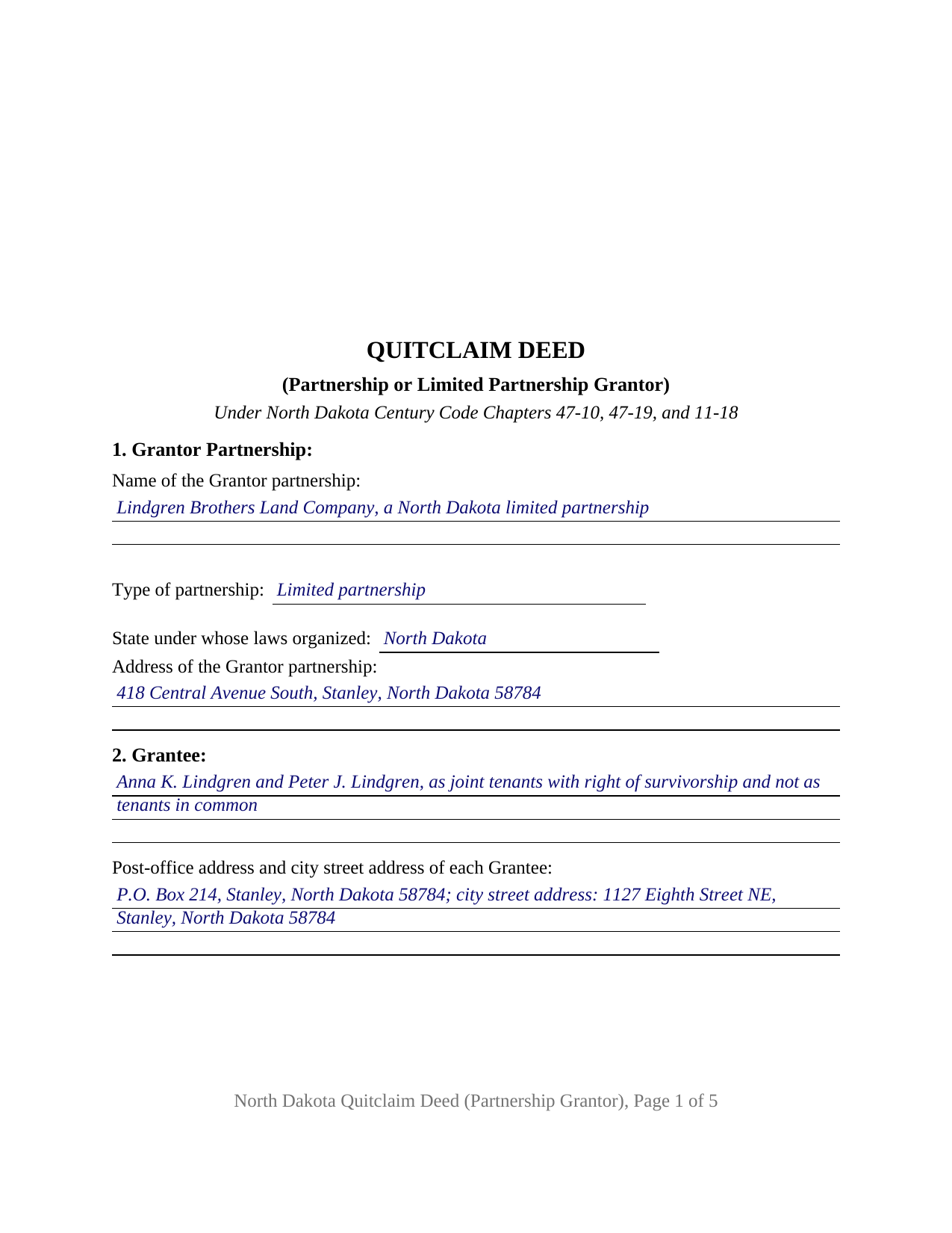 Foster County Completed Example of the Quitclaim Deed (Partnership or Limited Partnership Grantor) Document