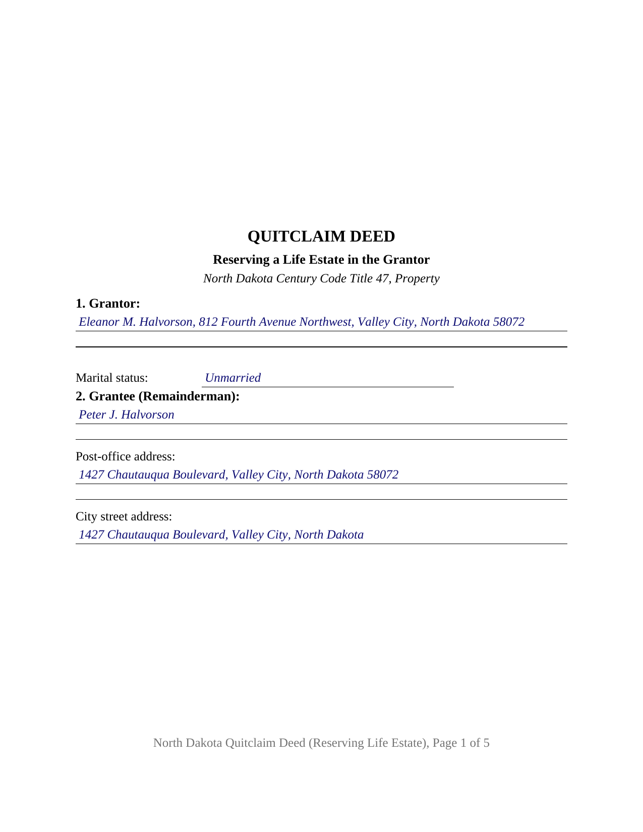 Williams County Completed Example of the Quitclaim Deed (Reserving Life Estate) Document
