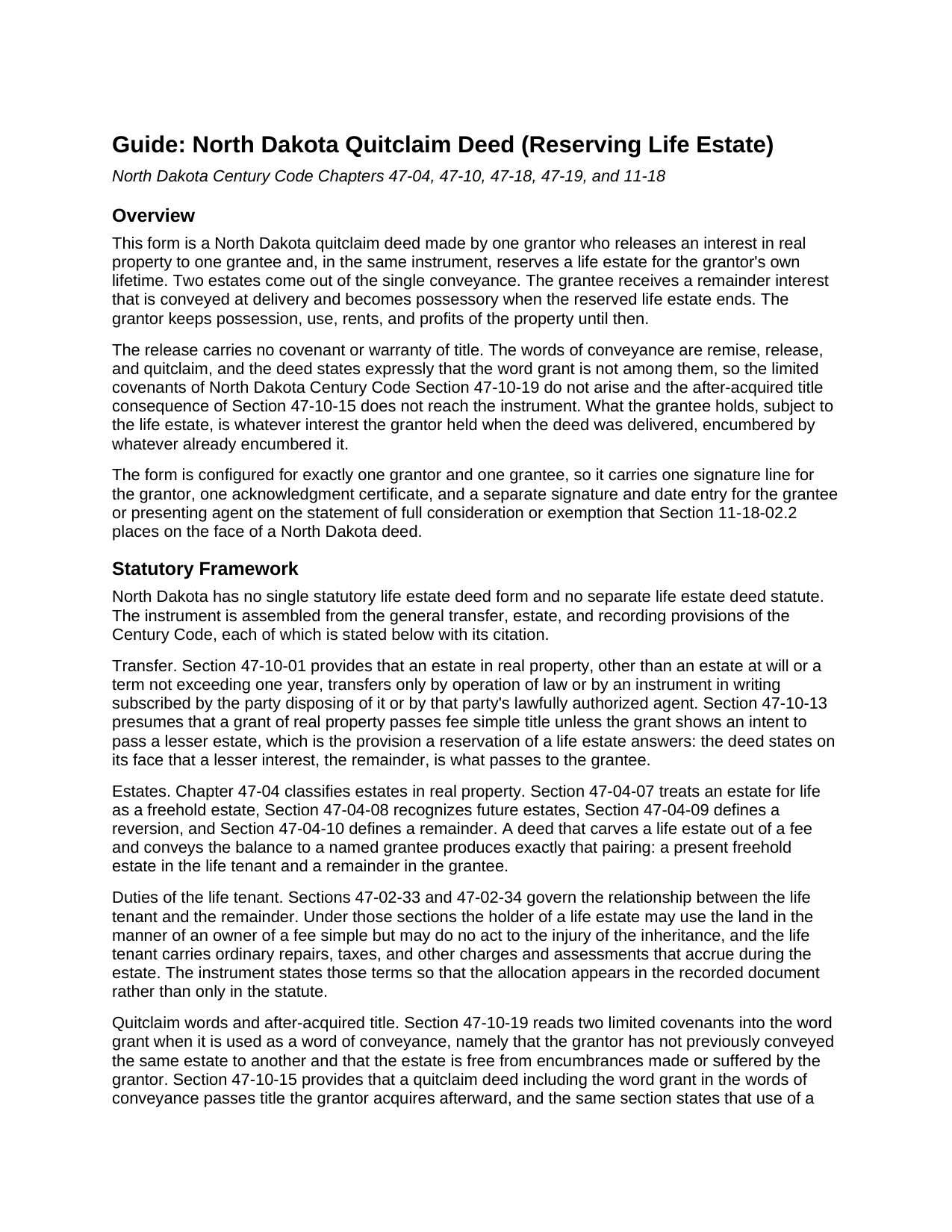 Williams County Quitclaim Deed (Reserving Life Estate) Guide