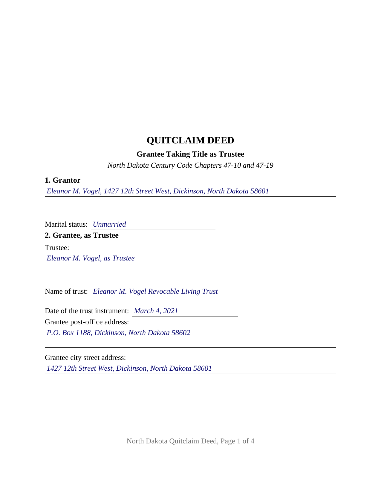 Benson County Completed Example of the Quitclaim Deed (Trustee Grantee) Document