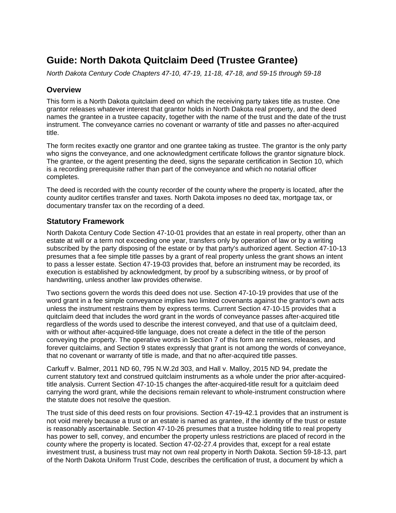 Benson County Quitclaim Deed (Trustee Grantee) Guide