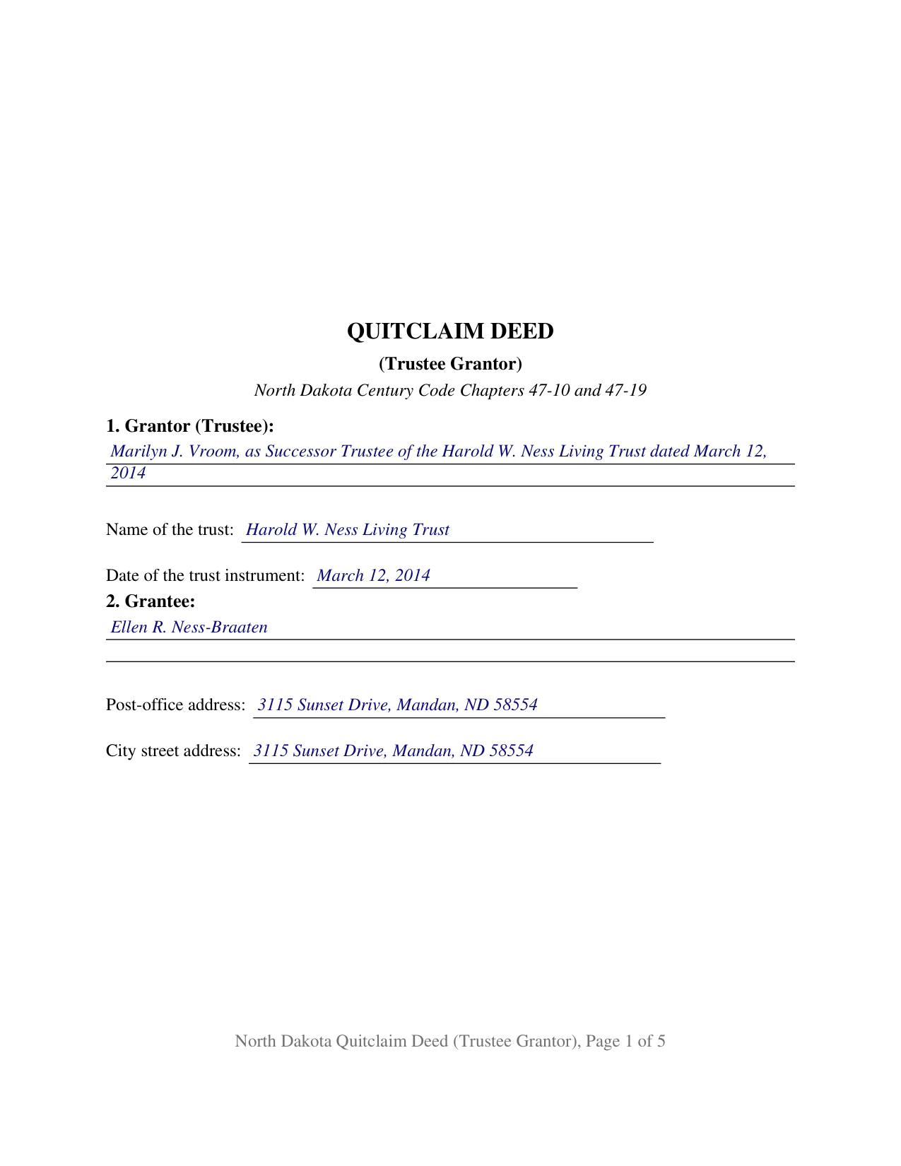 Benson County Completed Example of the Quitclaim Deed (Trustee Grantor) Document