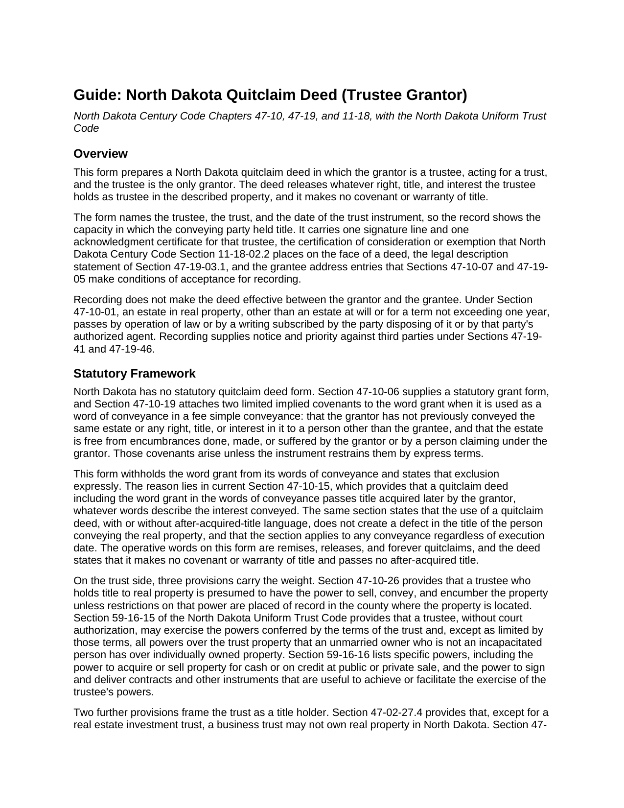 Benson County Quitclaim Deed (Trustee Grantor) Guide