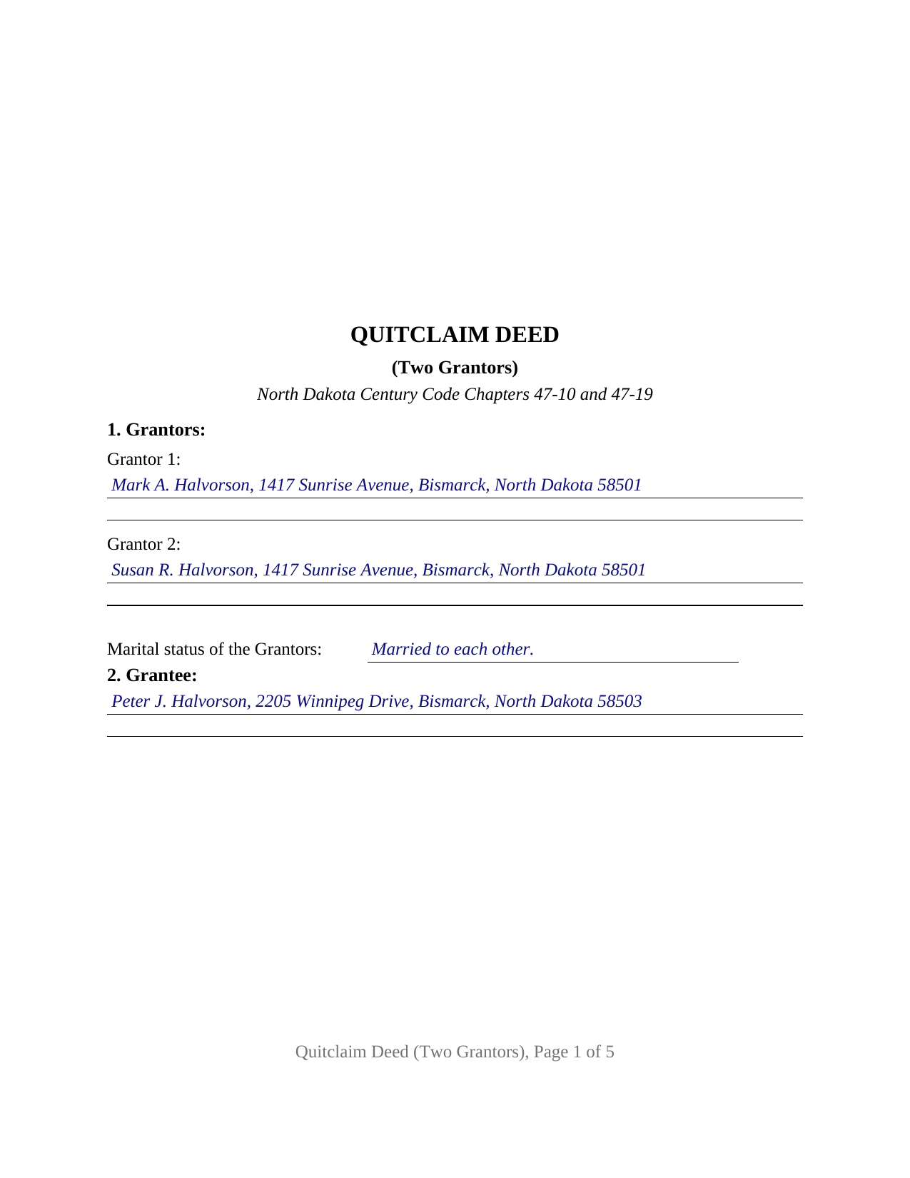 Ward County Completed Example of the Quitclaim Deed (Two Grantors) Document