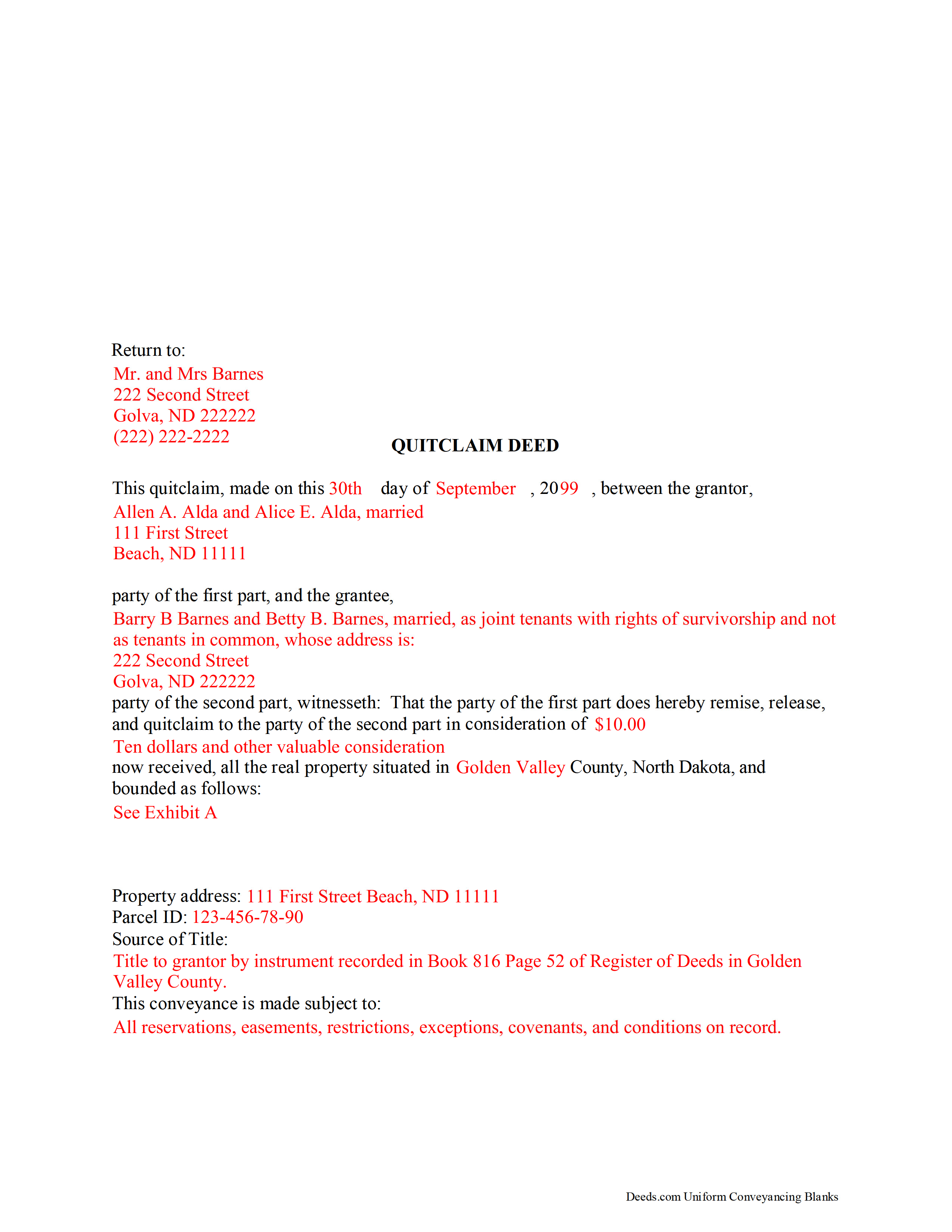 Kidder County Completed Example of the Quitclaim Deed Document