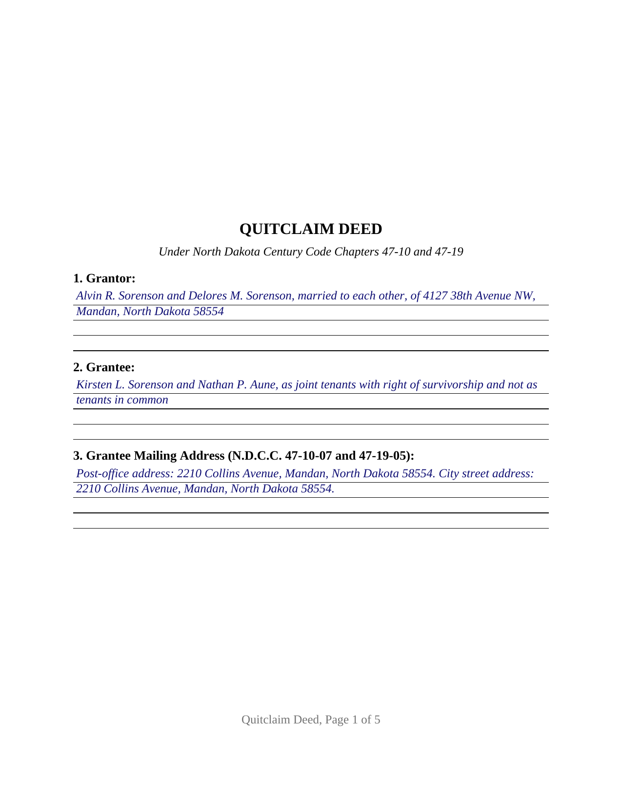 Hettinger County Completed Example of the Quitclaim Deed Document