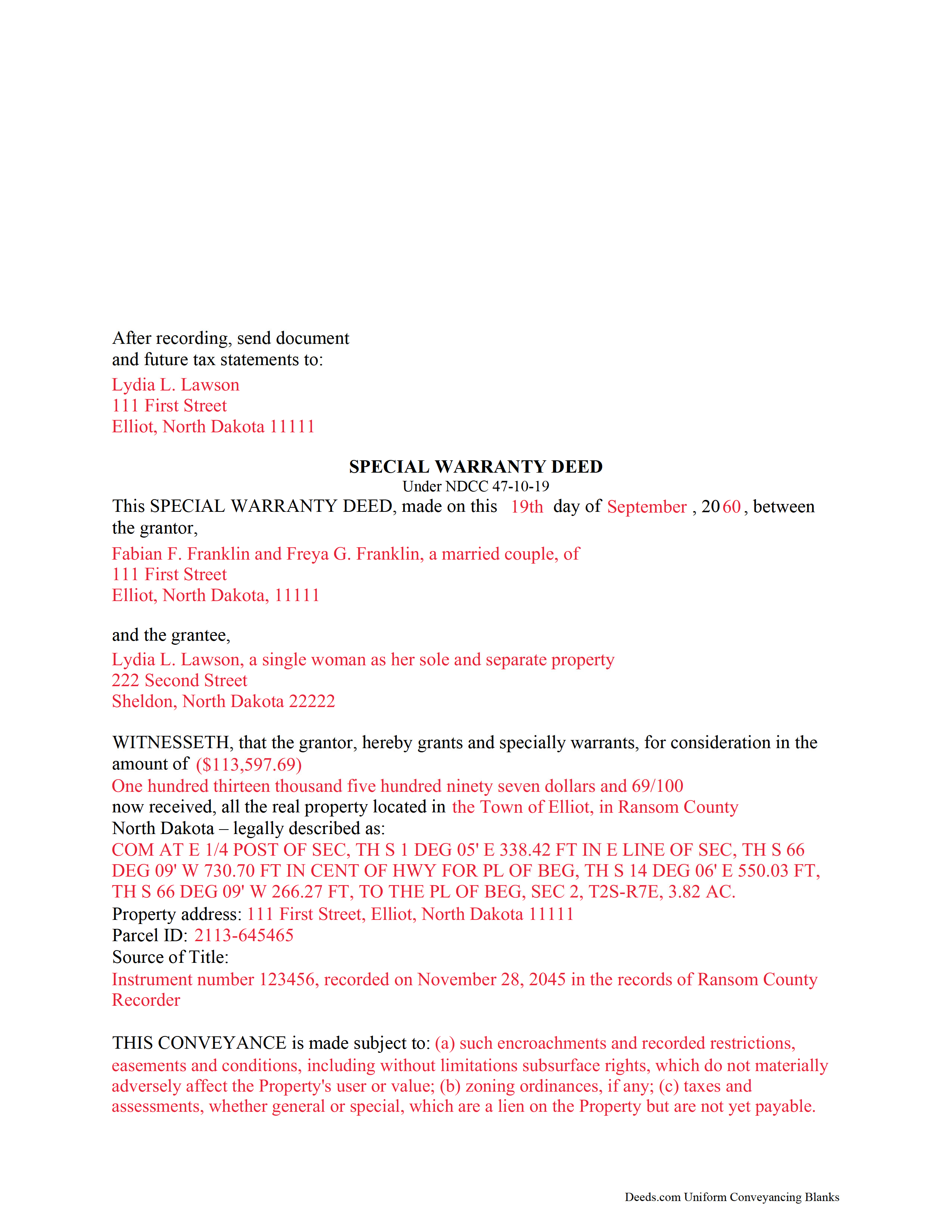 Kidder County Completed Example of the Special Warranty Deed Document