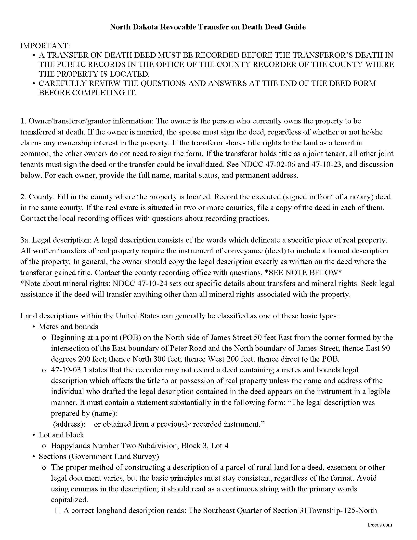 Cass County Transfer of Death Deed Form | North Dakota | Deeds.com 