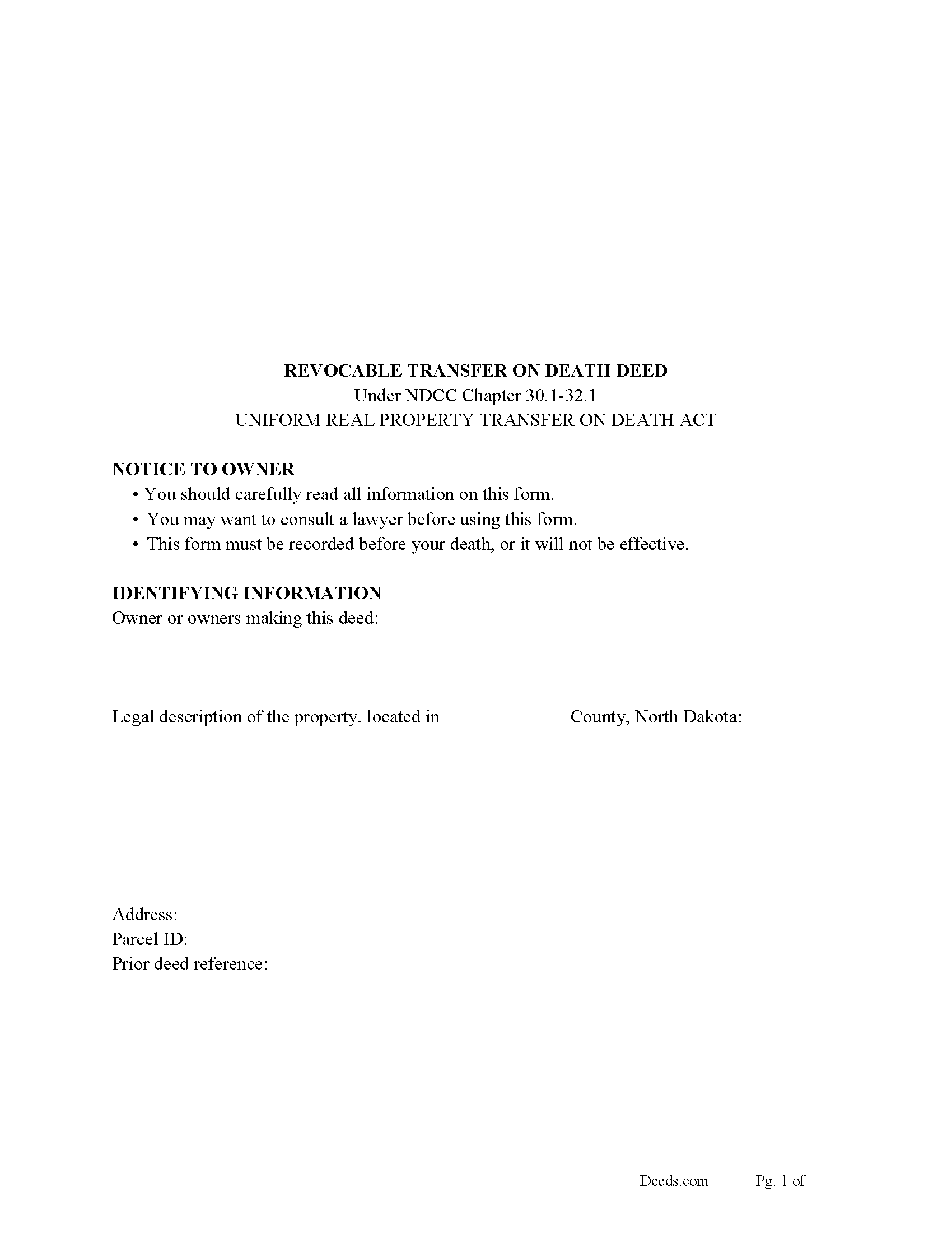 Kidder County Transfer on Death Deed Form