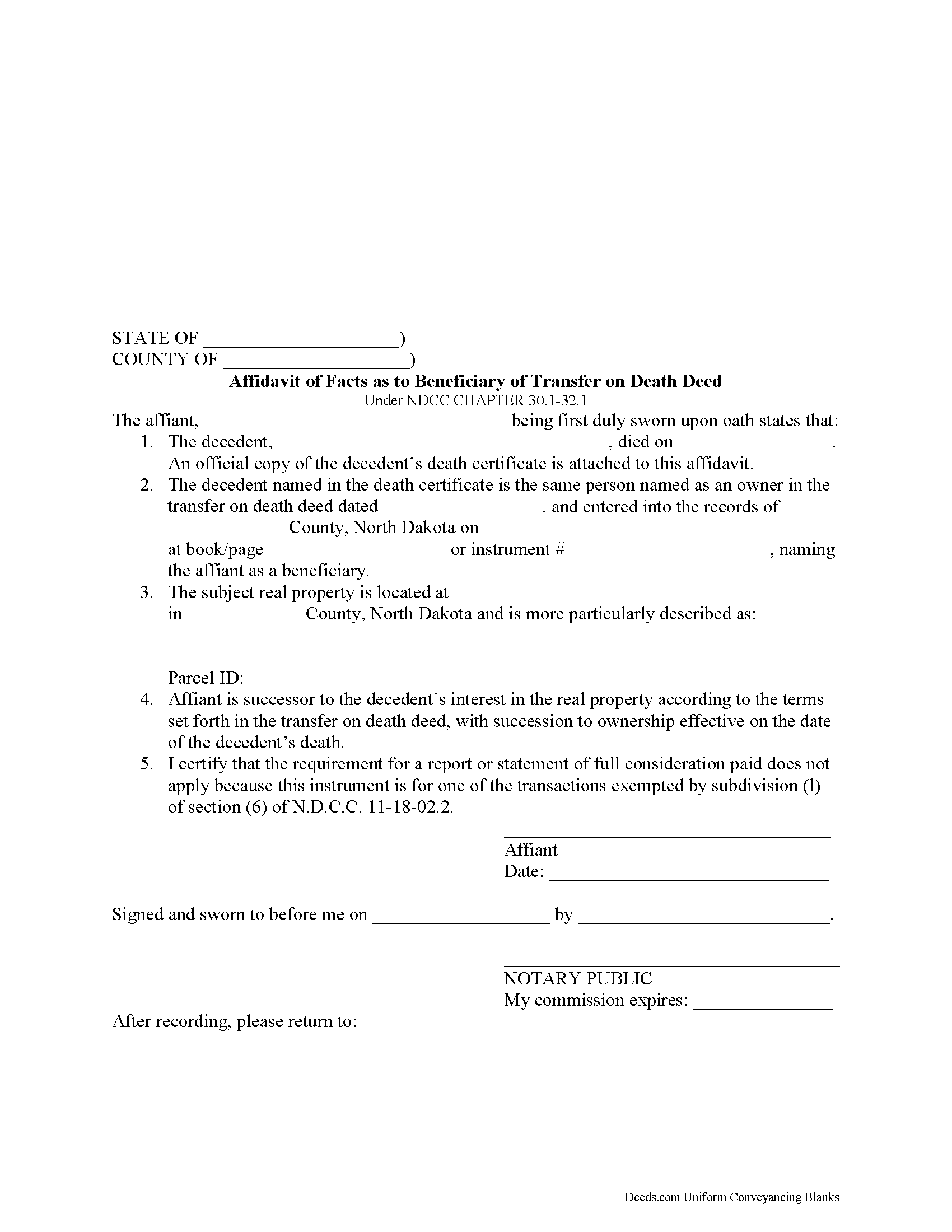 Kidder County Transfer on Death Affidavit Form