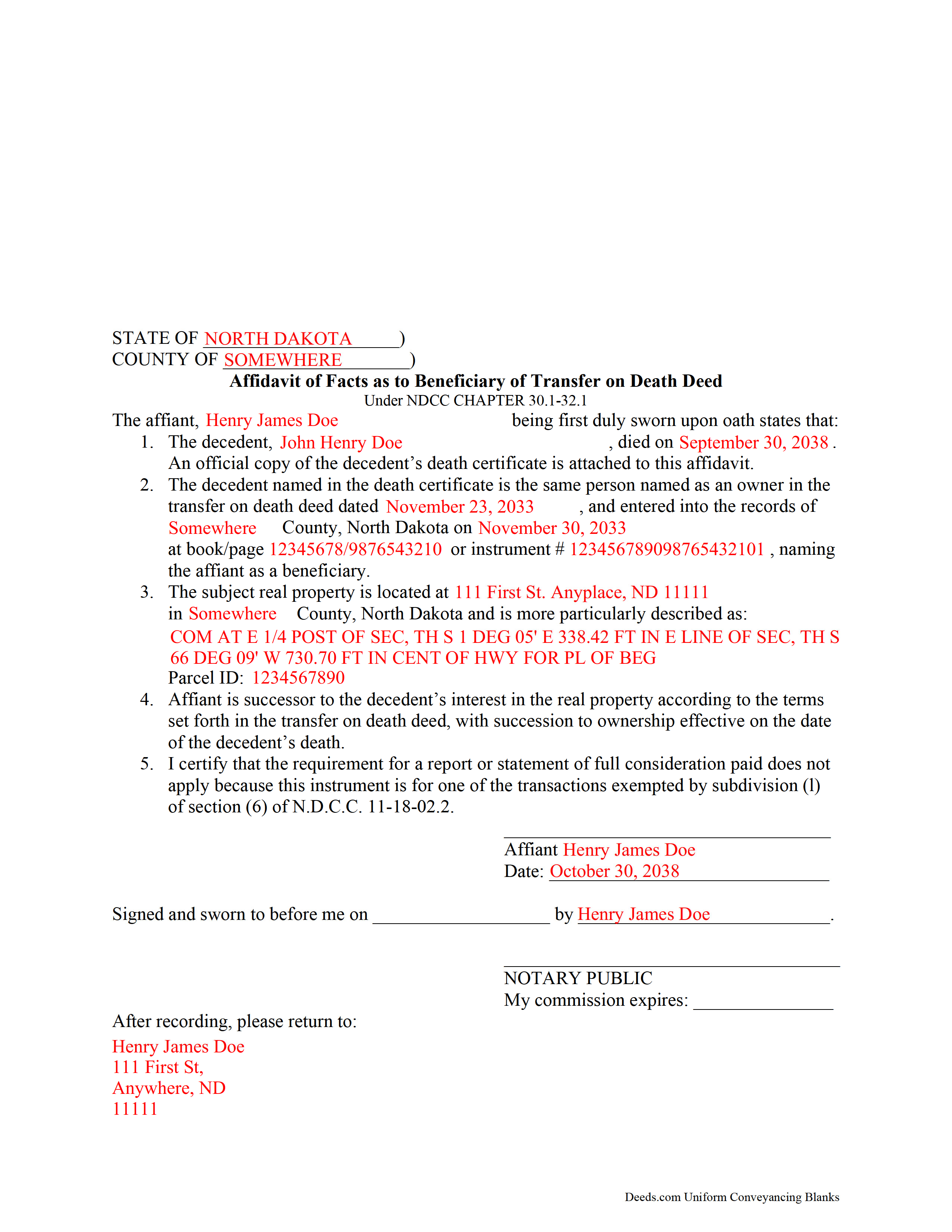 Kidder County Completed Example of the Transfer on Death Affidavit Document