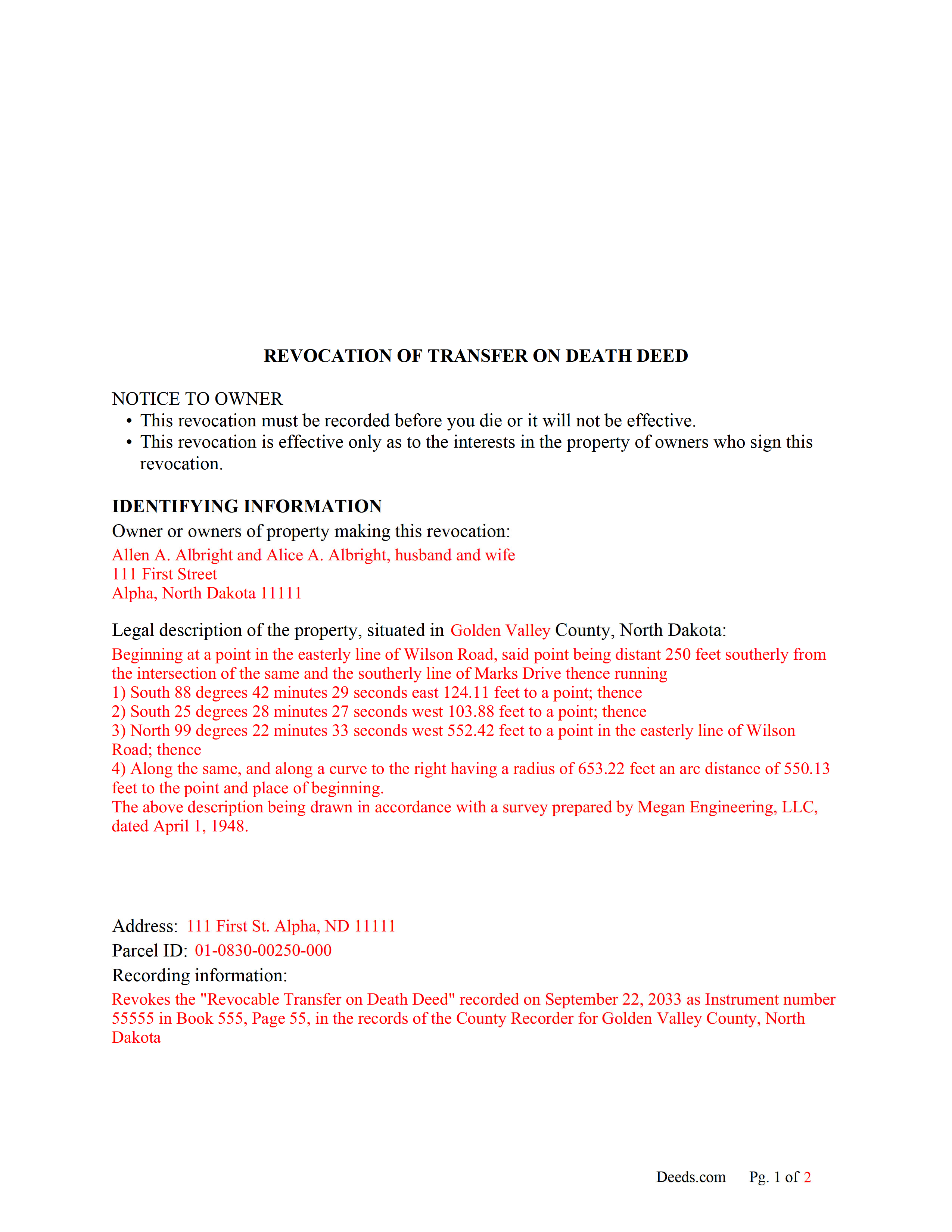 Kidder County Completed Example of the Transfer on Death Revocation Document