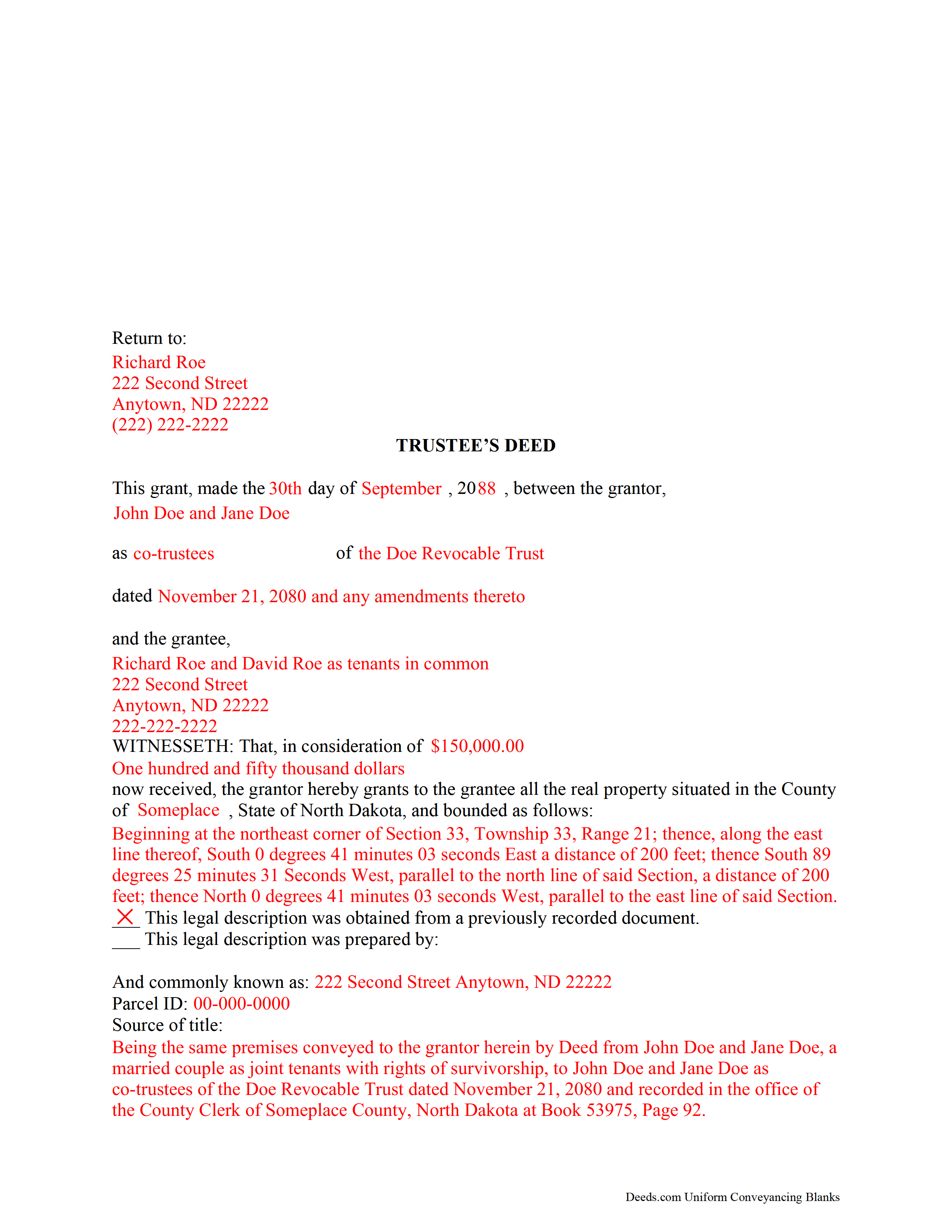 Kidder County Completed Example of the Trustee Deed Document
