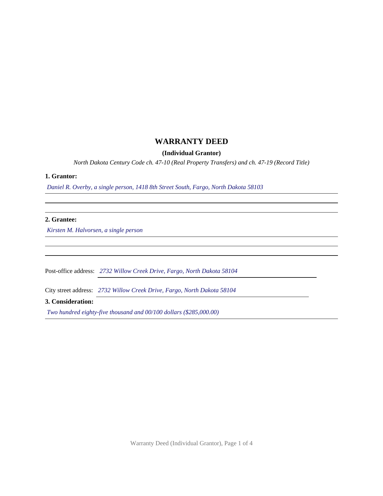 Cass County Completed Example of the Warranty Deed (Individual Grantor) Document