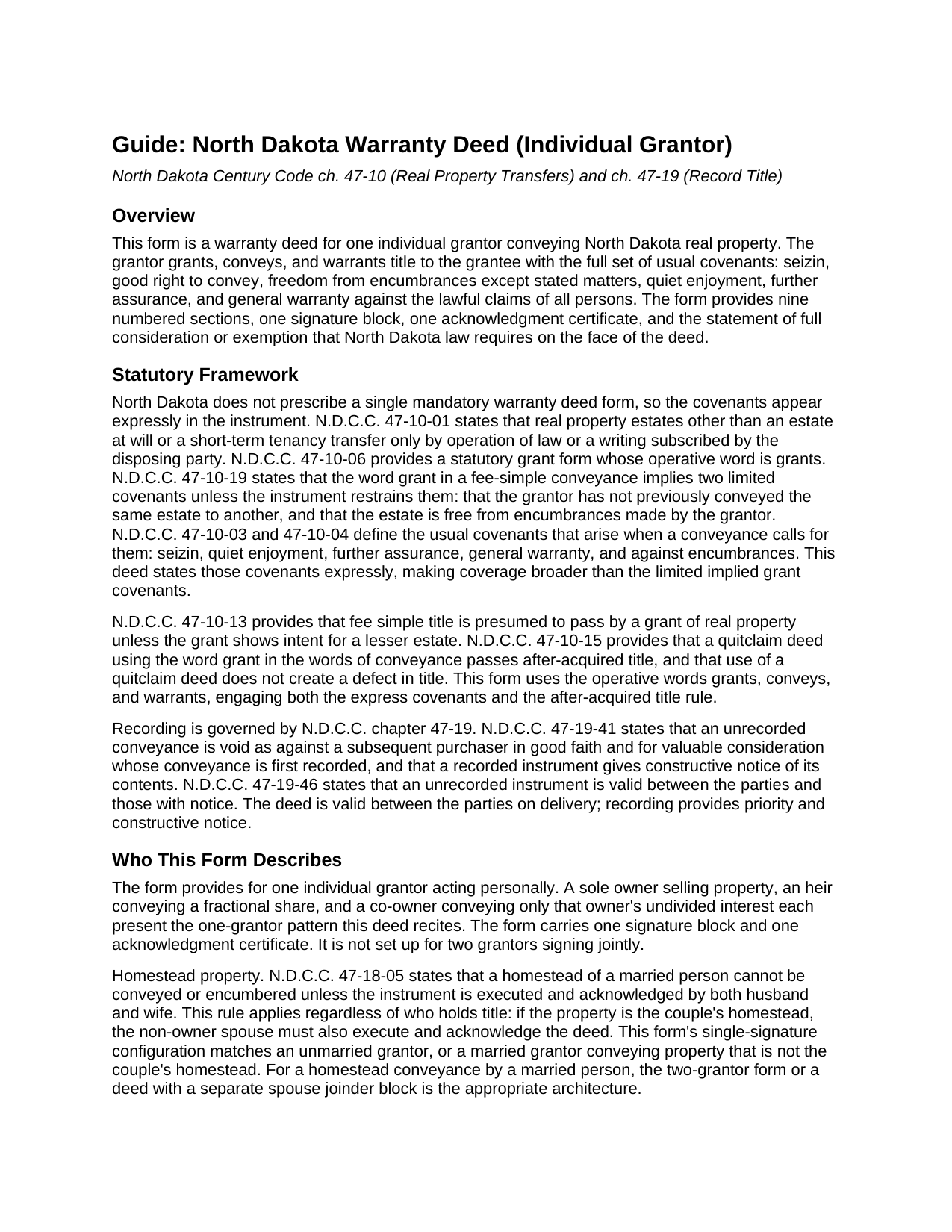 Cass County Warranty Deed (Individual Grantor) Guide