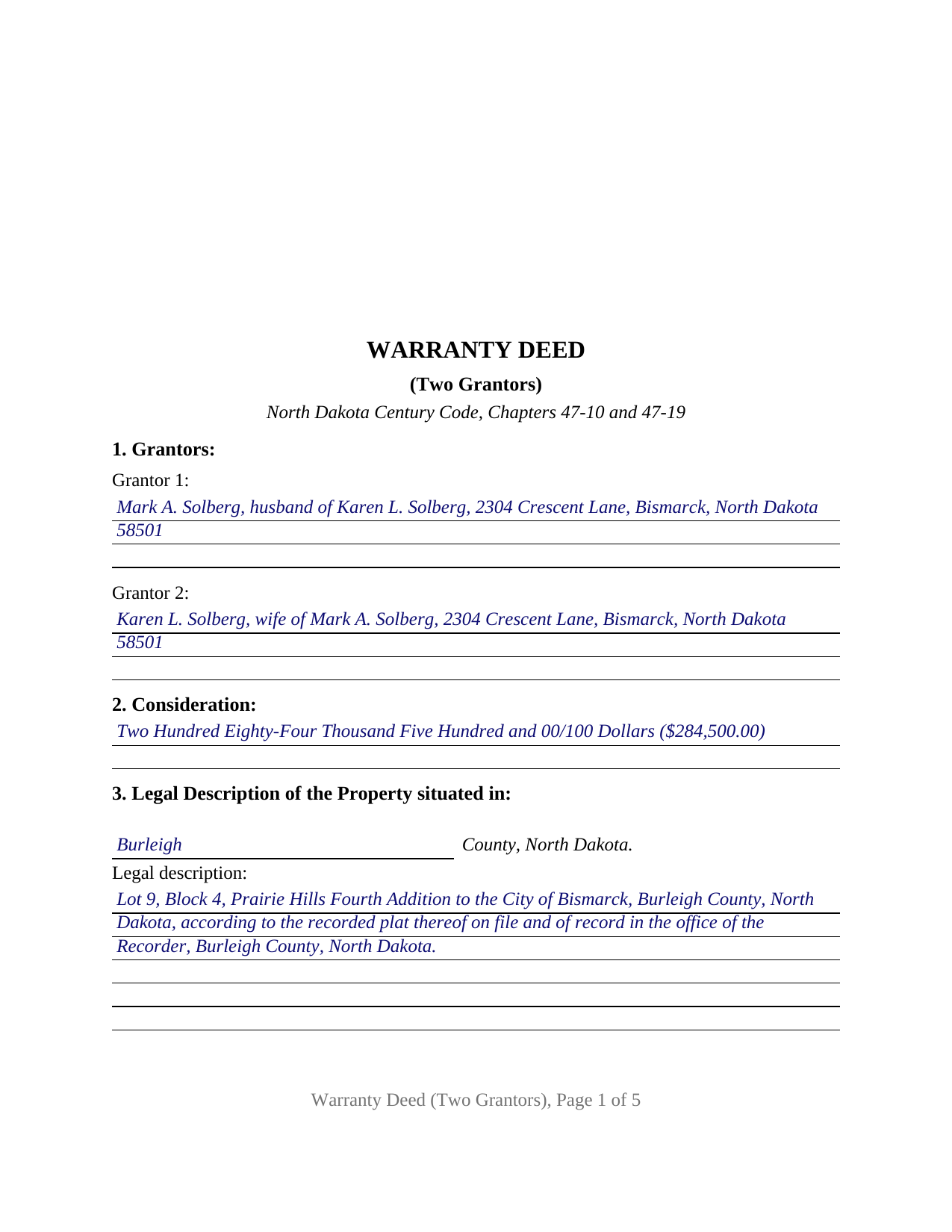 Barnes County Completed Example of the Warranty Deed (Two Grantors) Document