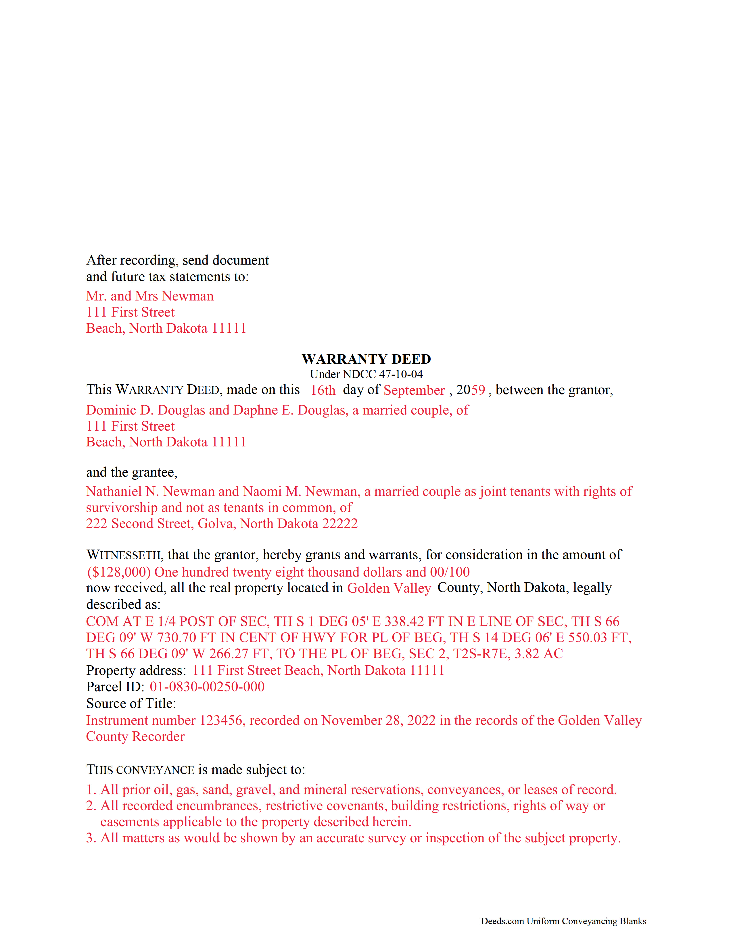 Kidder County Completed Example of the Special Warranty Deed Document