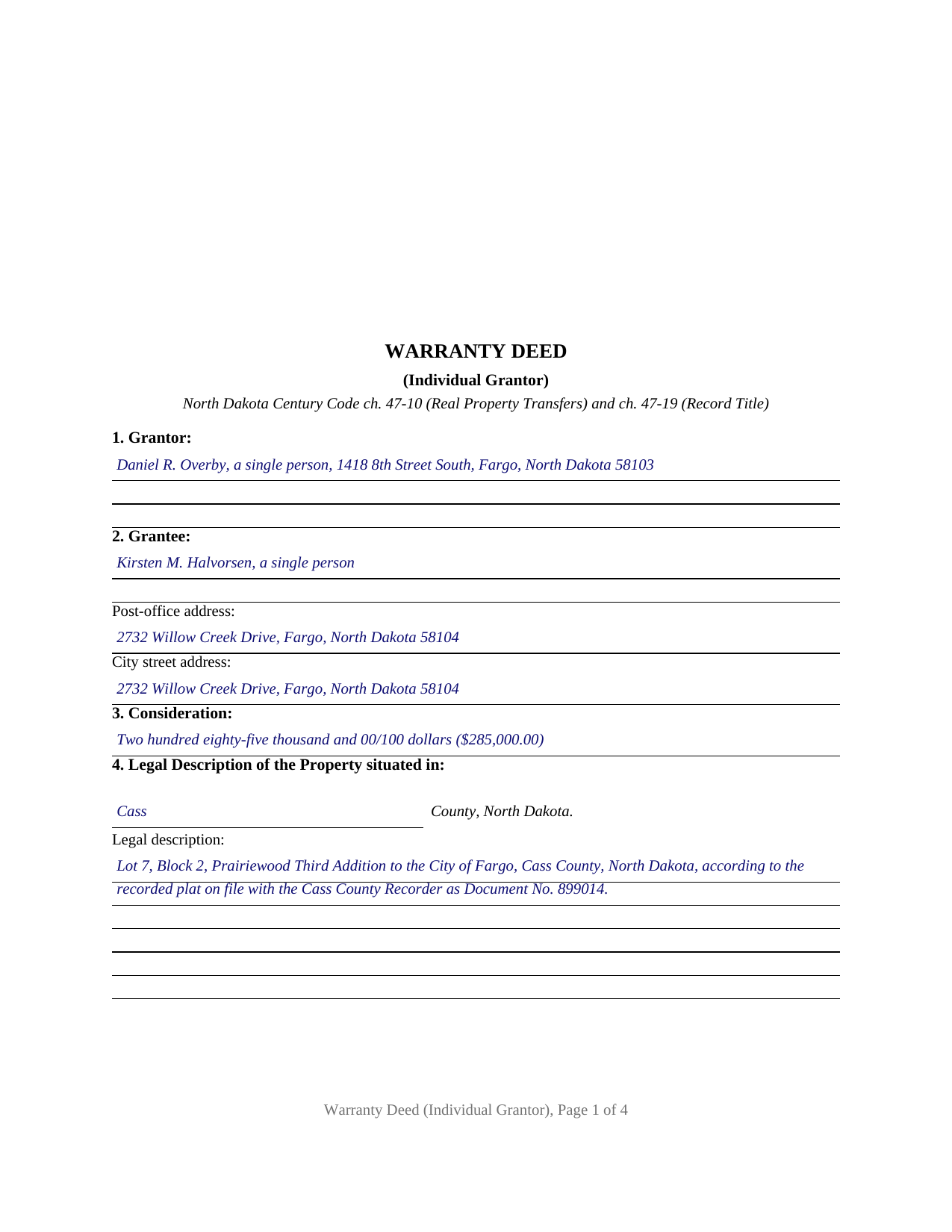 Griggs County Completed Example of the Warranty Deed Document