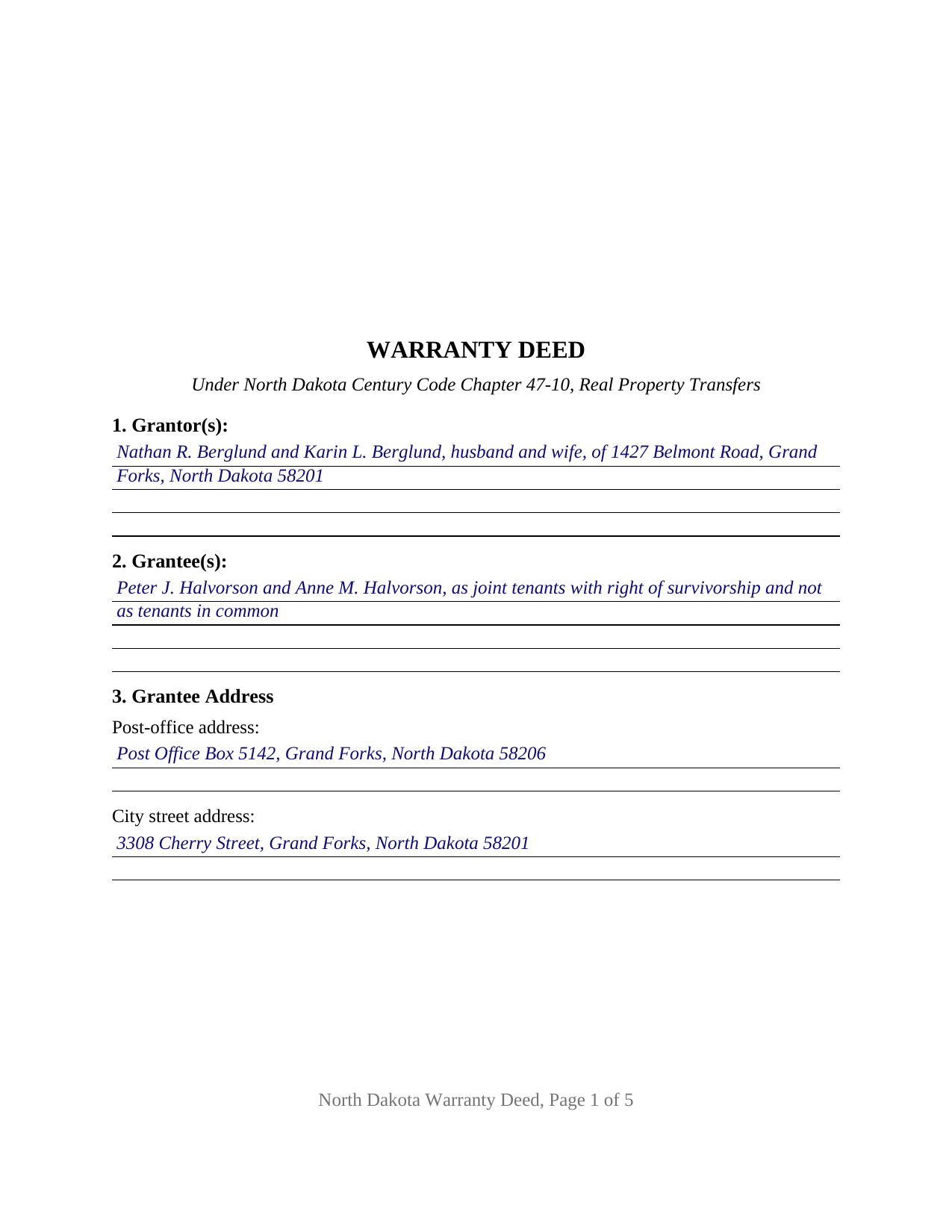 Griggs County Completed Example of the Warranty Deed Document