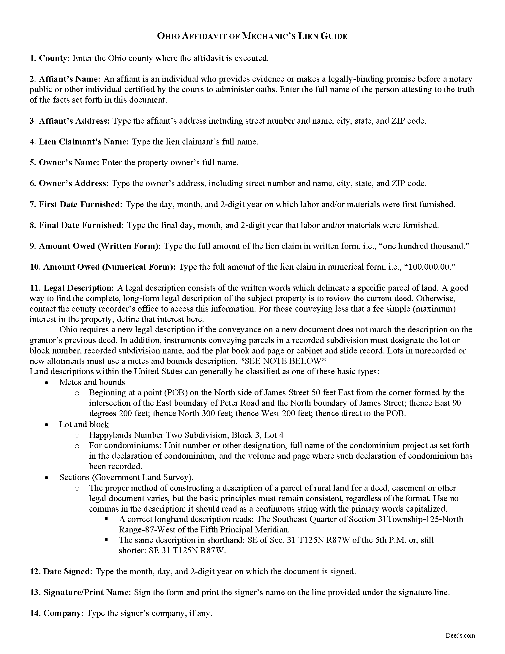 Summit County Affidavit for Mechanic Lien Guide