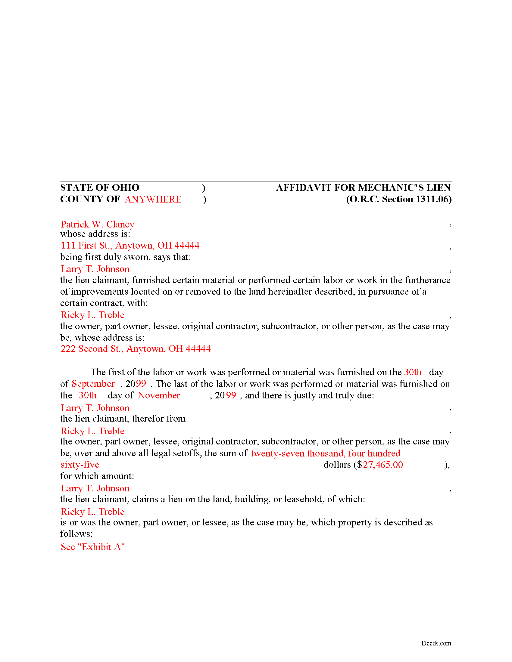 Completed Example of the Affidavit of Mechanic Lien Document