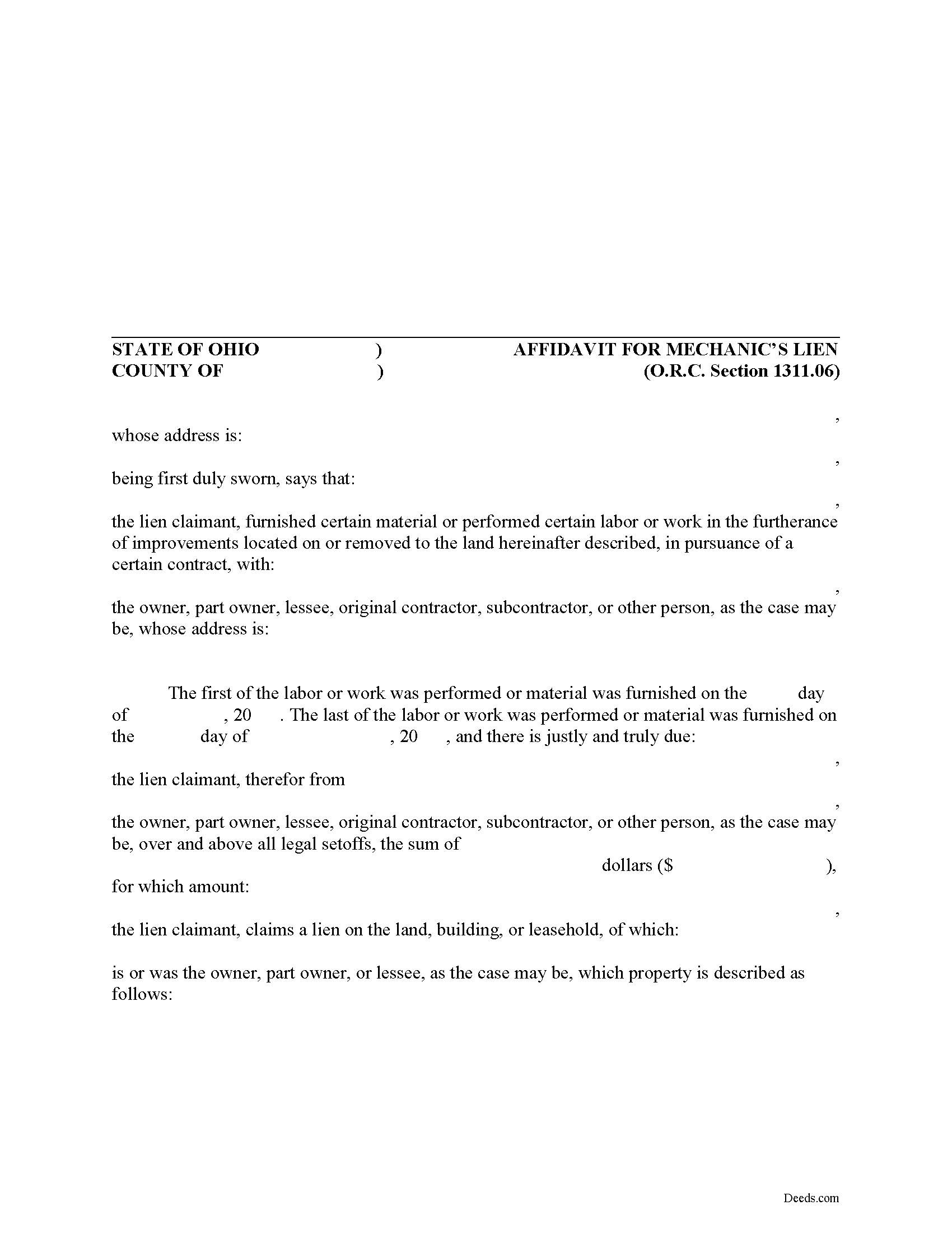 Summit County Affidavit for Mechanic Lien Form