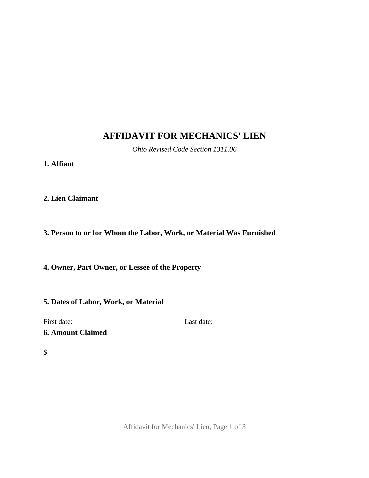 Guernsey County Affidavit for Mechanic Lien Form