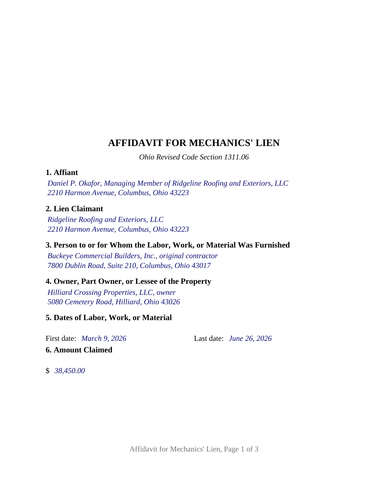 Guernsey County Completed Example of the Affidavit for Mechanic Lien Document