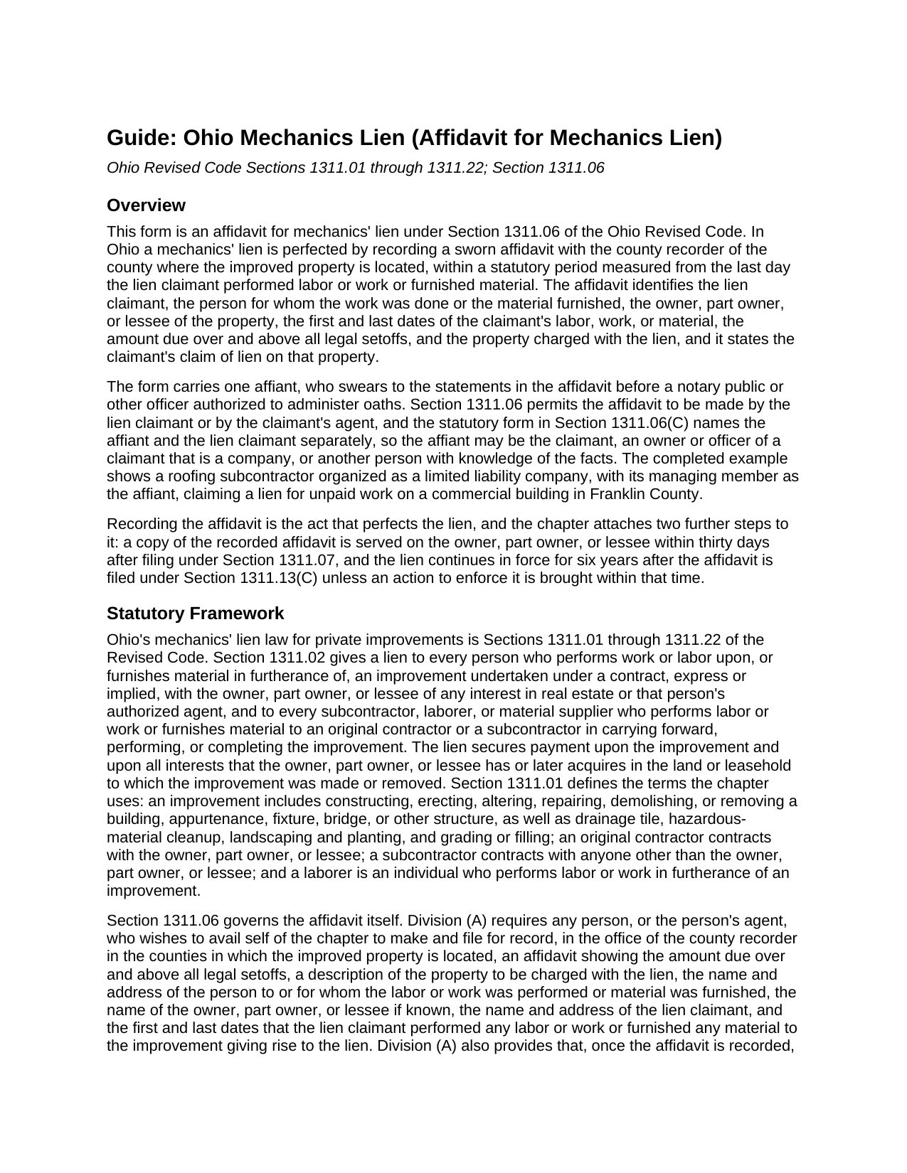 Guernsey County Affidavit for Mechanic Lien Guide