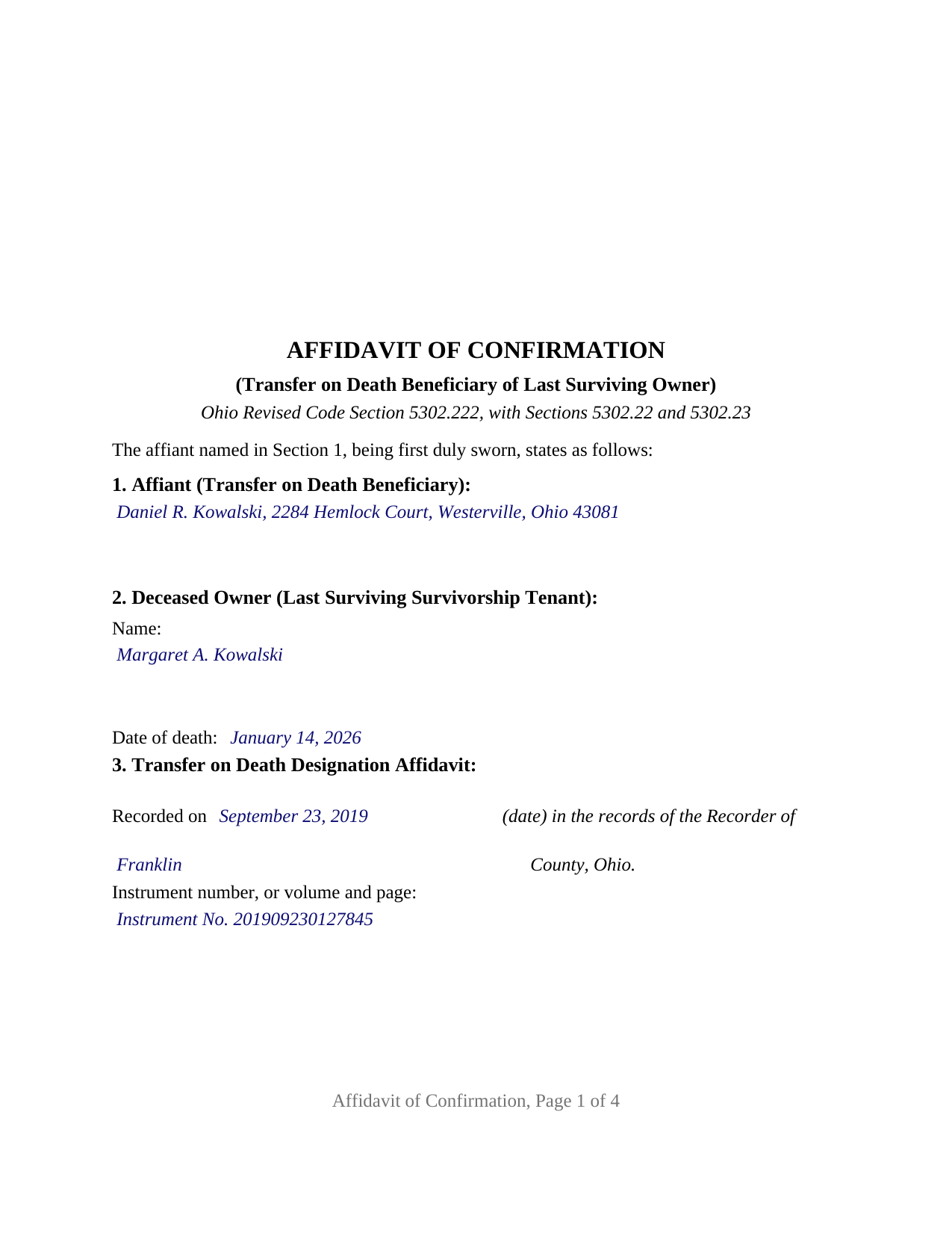 Ashtabula County Completed Example of the Affidavit of Confirmation (Beneficiary of Last Surviving Owner) Document