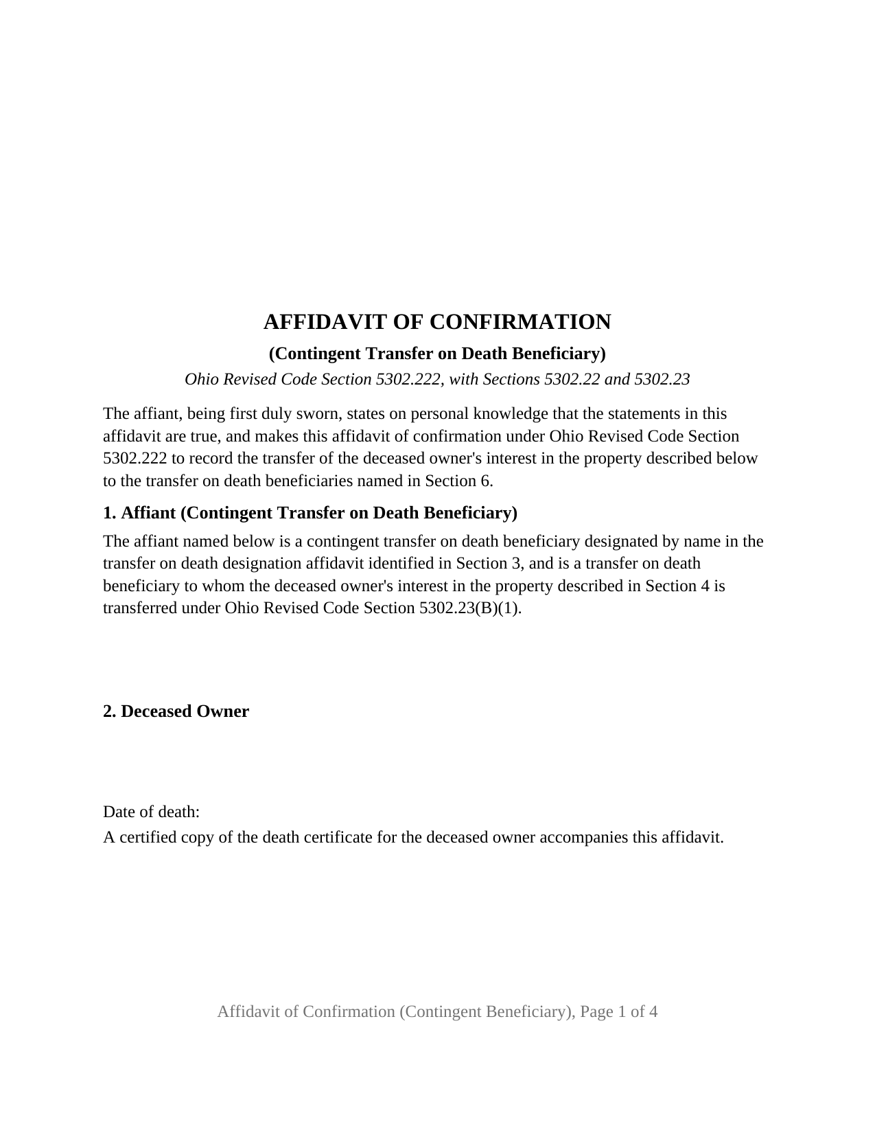 Wyandot County Affidavit of Confirmation (Contingent Beneficiary) Form